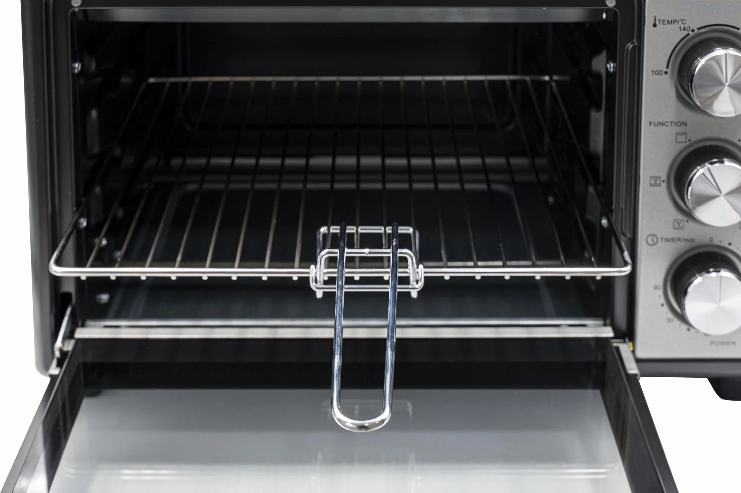 BEHOME Forno Elettrico Ventilato Piccolo 48L da tavolo, Temperatura fino a 230°, Timer 60 min, Forno elettrico da tavolo con griglia, teglia e sollevatore griglia inclusi, antiaderente, doppio vetro