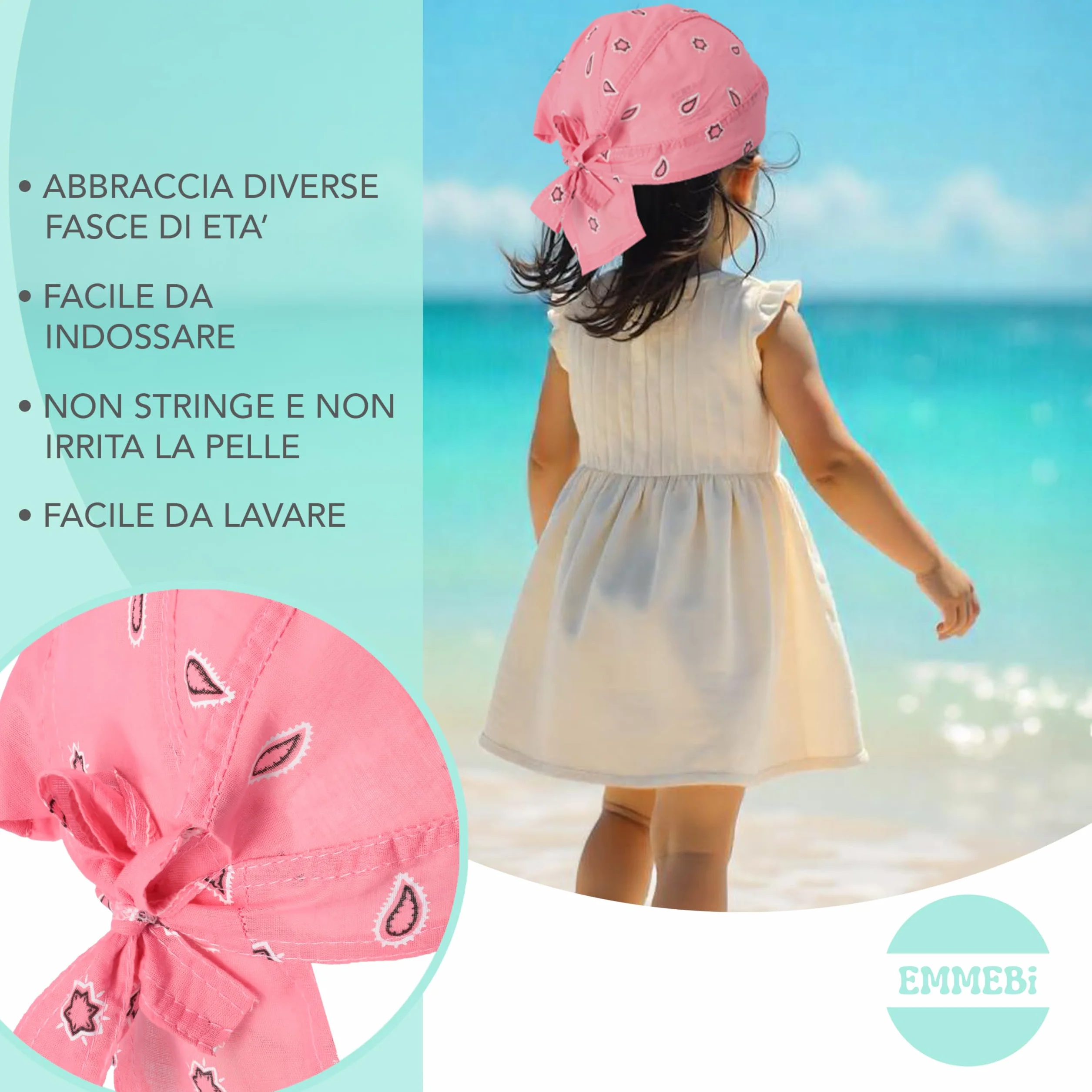 EMMEBi Bandana Bambino Neonato 100% Cotone Protezione Raggi UV Taglia Unica 50-54 cm Regolabile