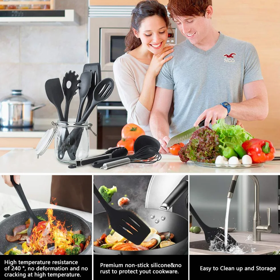 Utensili da Cucina in Silicone -10 Pezzi, Utensili da Cucina Resistenti al Calore Antiaderenti da Cucina(Spatola, Cucchiaio Scanalato, Forchetta per Pasta, Paletta, Pinza, Frusta, Pennello)