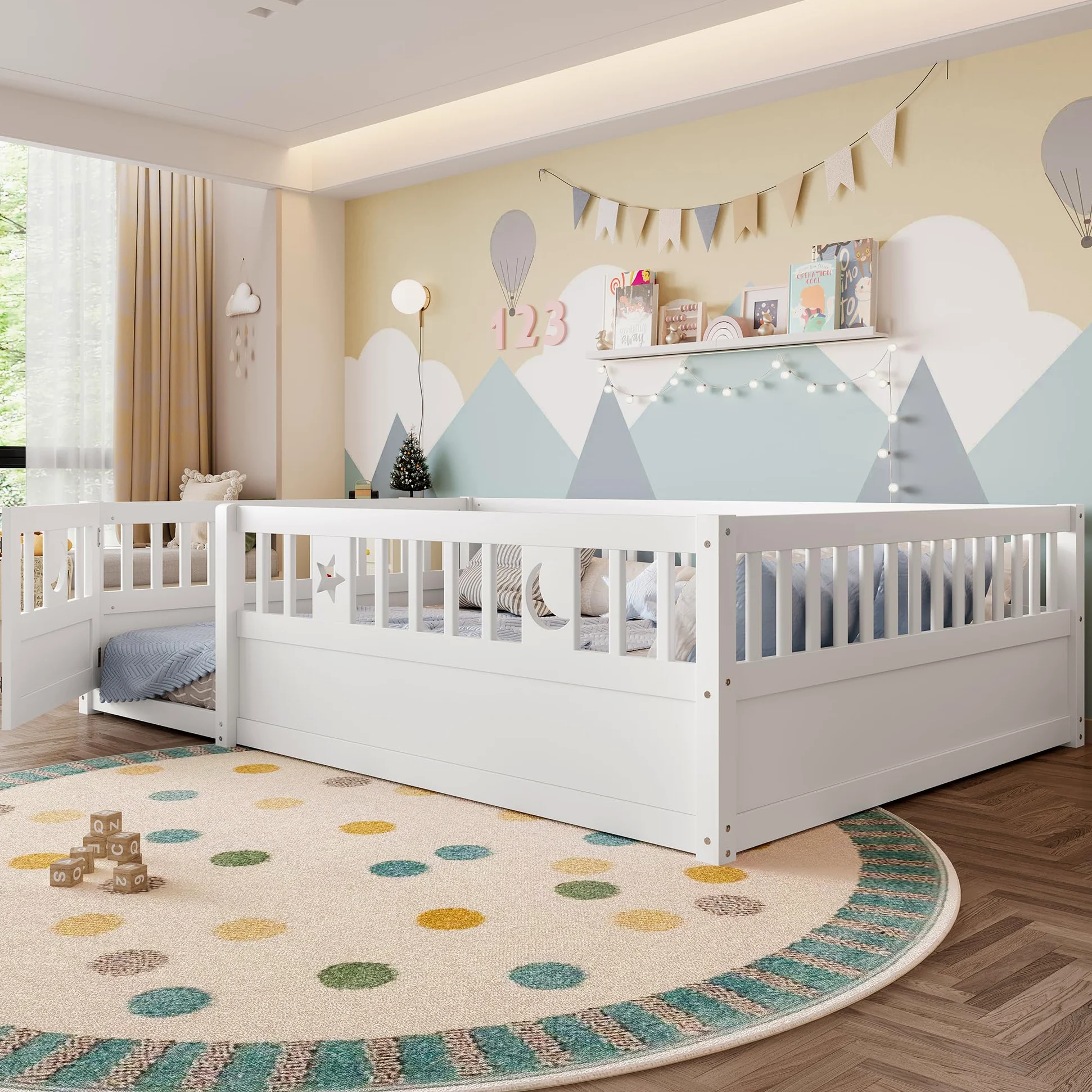 Letto per Bambini 140 x 190 con Ringhiera, Montessori Letto a Terra Bambino con Rete a Doghe, decorazione a Stella e Luna, Struttura letto in Legno di pino(Senza Materasso)