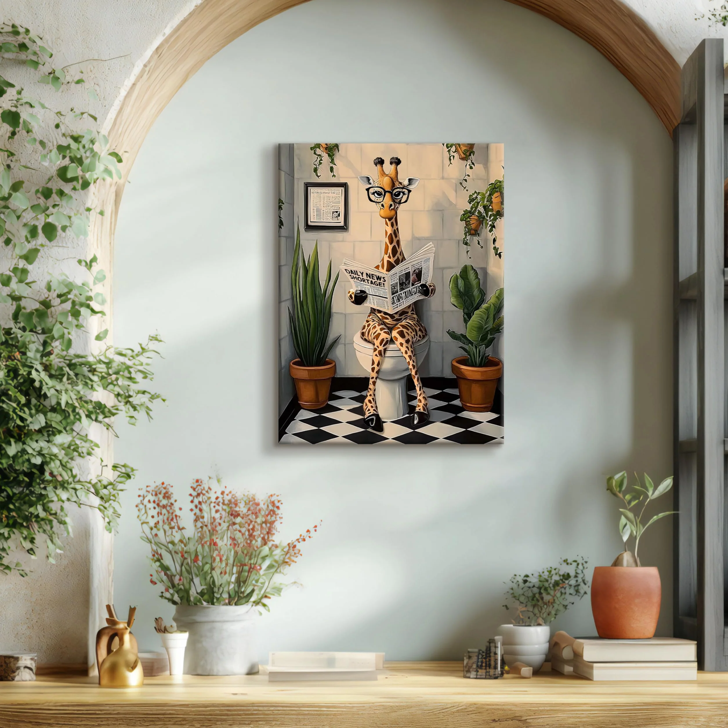 Stampa su tela Con Cornice Divertente Giraffa Pittura Giraffa che Legge il Giornale sul Water Quadri su tela Animali Umorismo Quadri Moderni Bagno Vasca da Bagno WC Stampe da Parete 30x40cm
