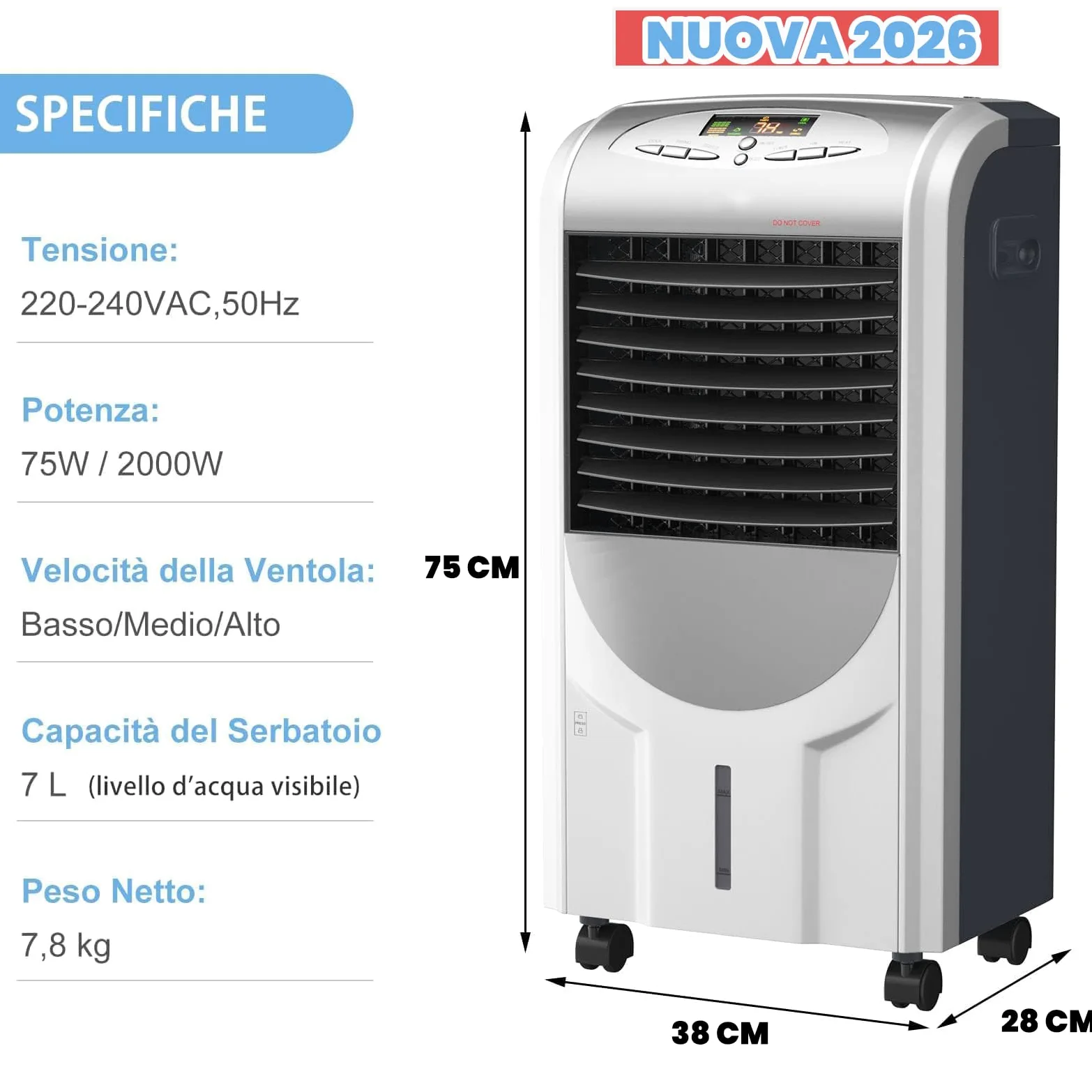 RELAX4LIFE Raffreddatore Evaporativo 5 in 1 Nuova 2026 con Raffreddamento 75W, Riscaldamento 2000W, Umidificatore, Ventilatore, Purificatore d’Aria, Timer 8H, Serbatoio 7L (5in1 Total 7L 2026)