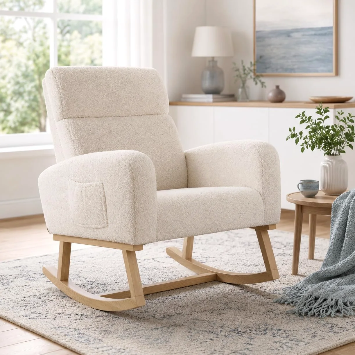 BRILVERDE Sedia a Dondolo, Poltrona Dondolo con Tasche Laterali Gambe in Legno massello, Allattamento al Seno, Sedia per Il Tempo Libero, Adatta per Soggiorno e Camera da Letto (Beige)