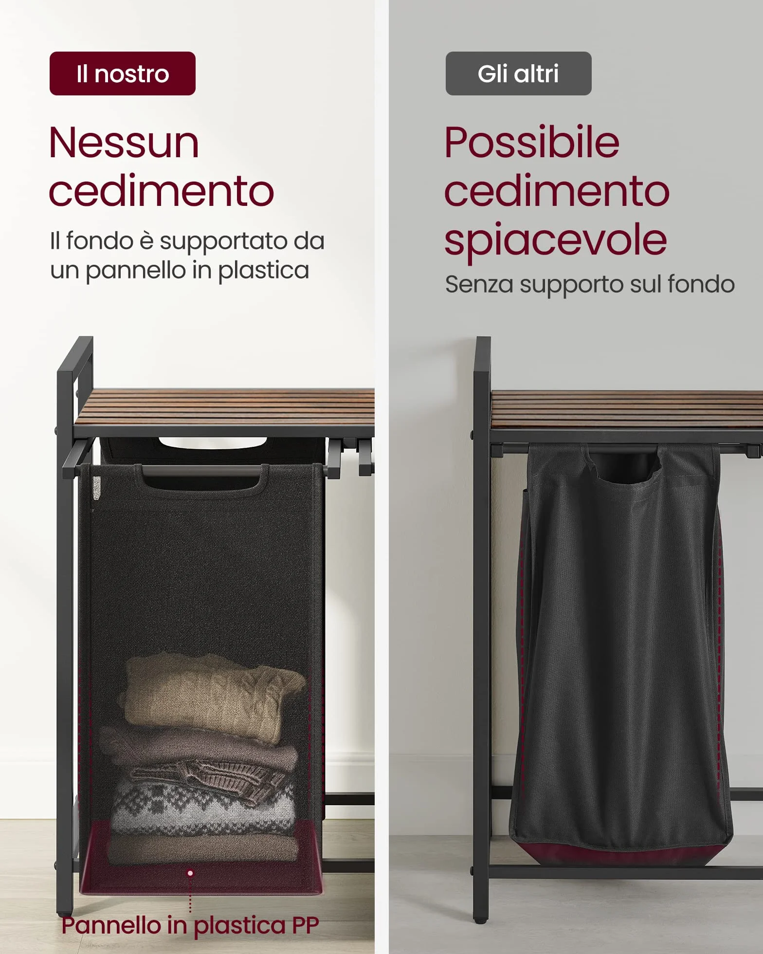 VASAGLE Cesto Portabiancheria 2 Sacchi Rimovibili Metallo 2x46L 73x33x72 cm Nero Inchiostro Marrone Vintage