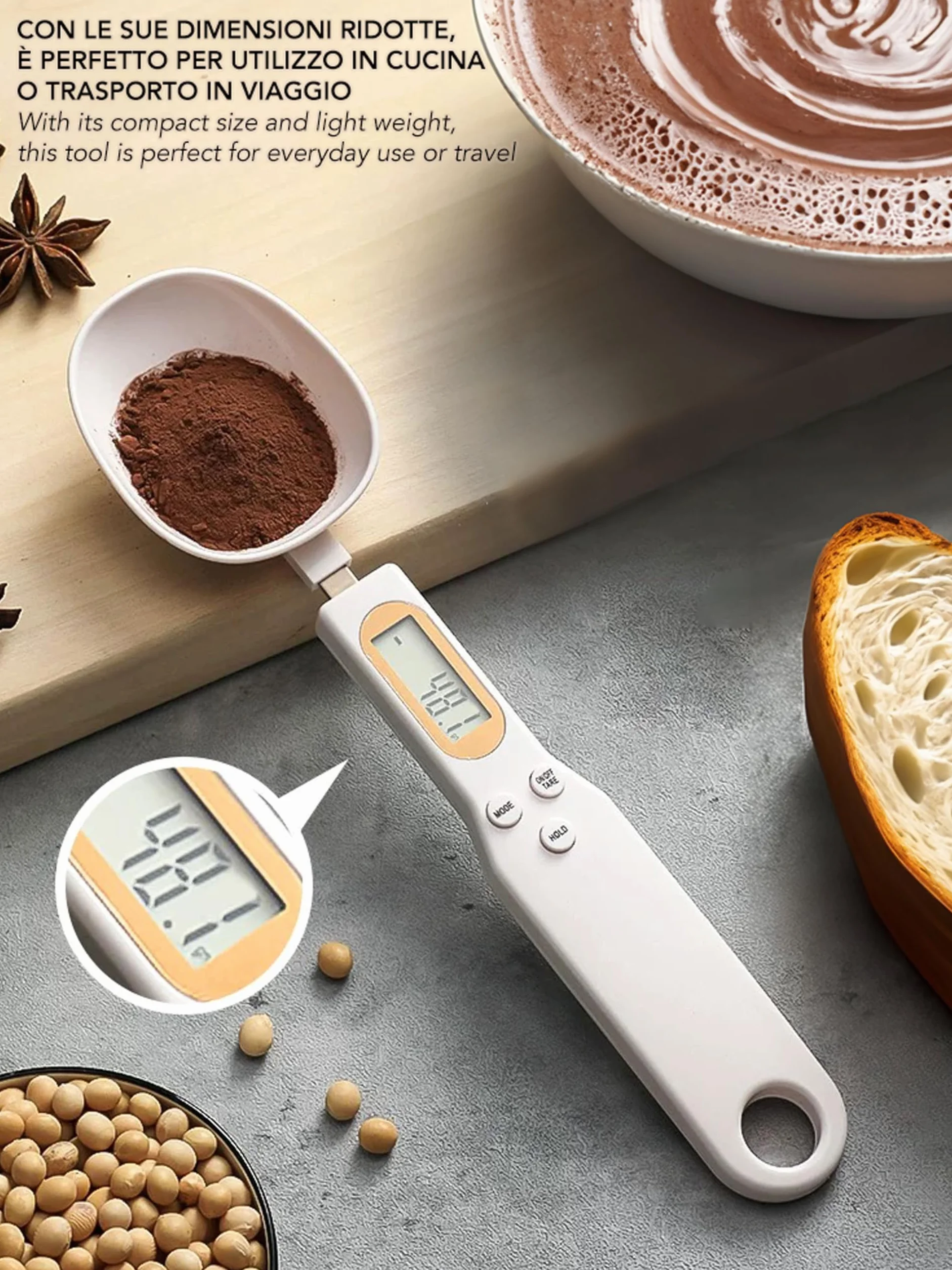 IPEA Cucchiaio Bilancia Digitale per Misurare Peso Alimenti in Cucina - Precisione da 1g a 500g - Bilancia Elettronica con Display - Dosatore per Pesare e Dosare Quantità Piccole di Cibo