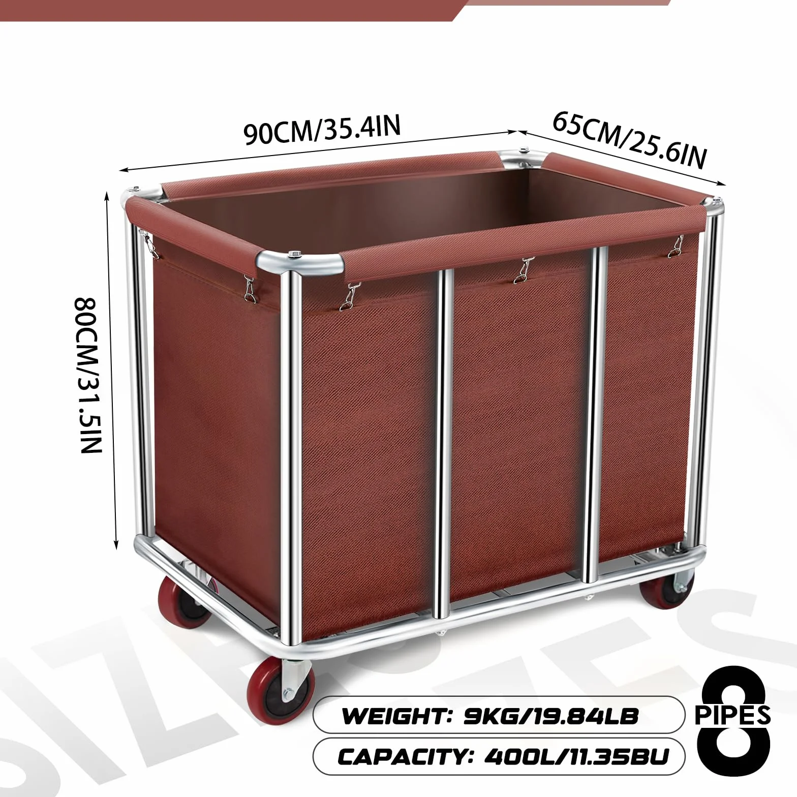 Carrello portabiancheria con ruote, 400 l, per alberghi e ospedali, cestino rimovibile in tela impermeabile, resistente in acciaio inox (marrone)