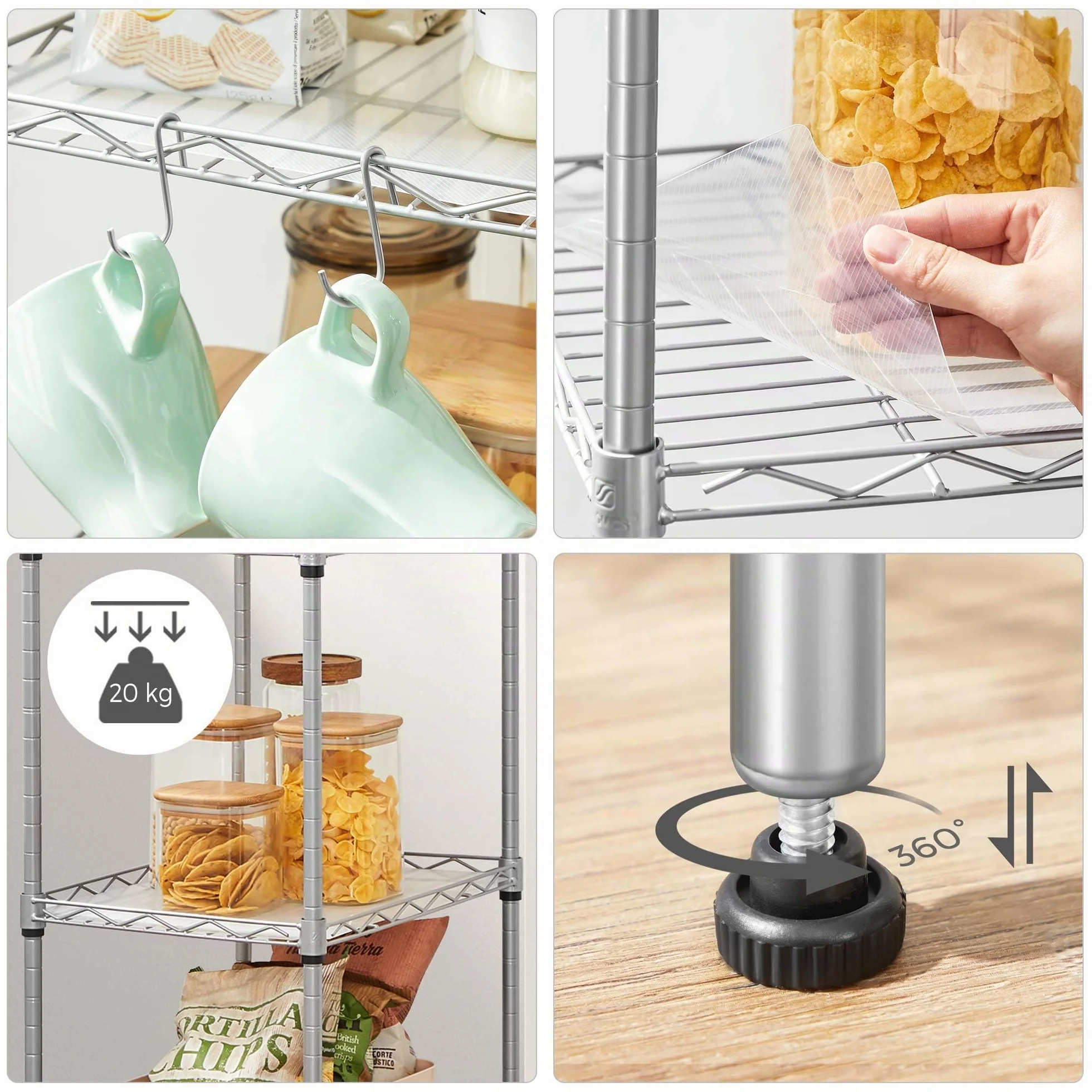 SONGMICS Mensola da cucina a 5 livelli, 8 ganci, regolabile in altezza, metallo, argento LGR115E01