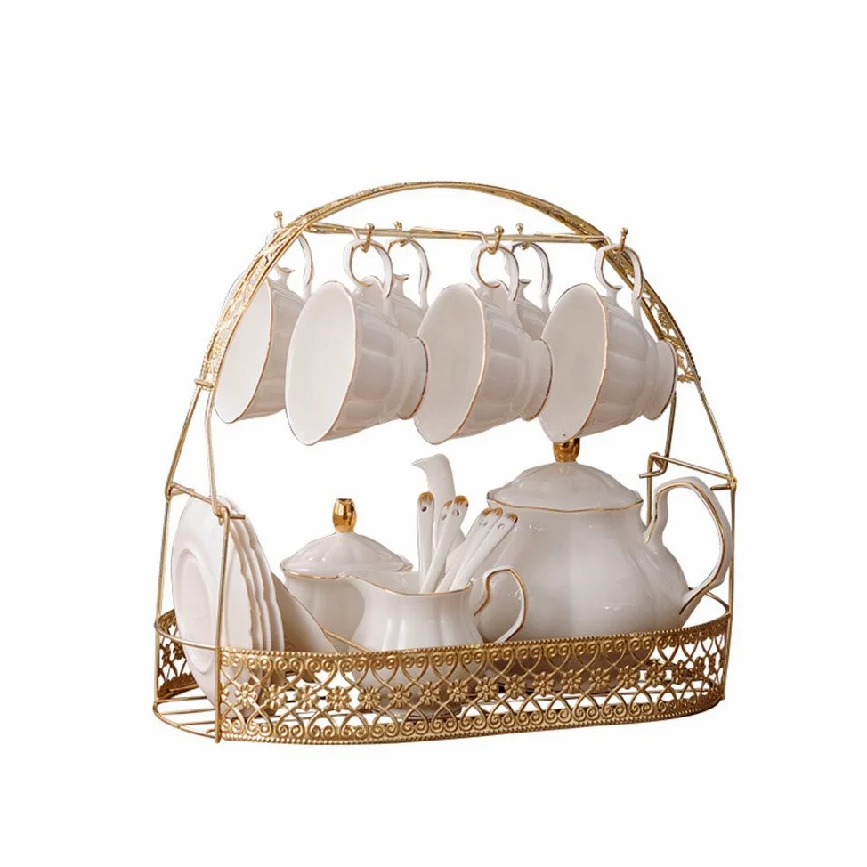 fanquare 15 Pezzi Set da tè in Ceramica Bianca Inglese Semplice,Teiera,Tazze di Porcellana per Osso con Cucchiai di Supporto in Metallo