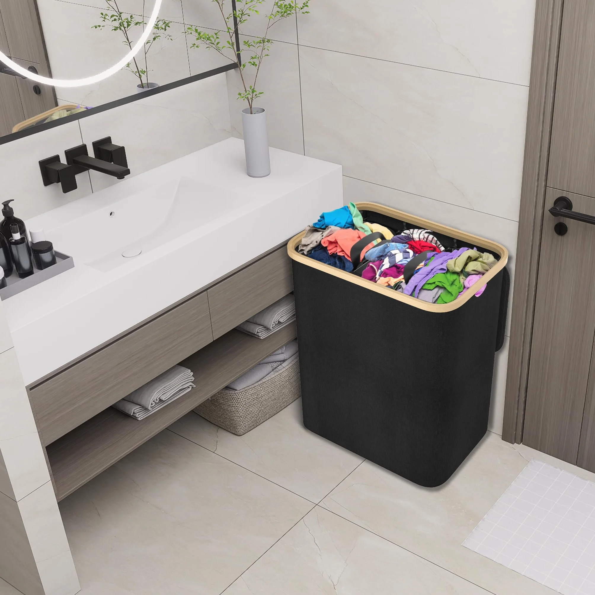 LARS360 Cesto per la Biancheria a 3 Scomparti, Cesto per Biancheria con Coperchio, 140L, Cesto Compatto, Cesto Pieghevole per la Biancheria, Organizzatore per Biancheria (Nero)