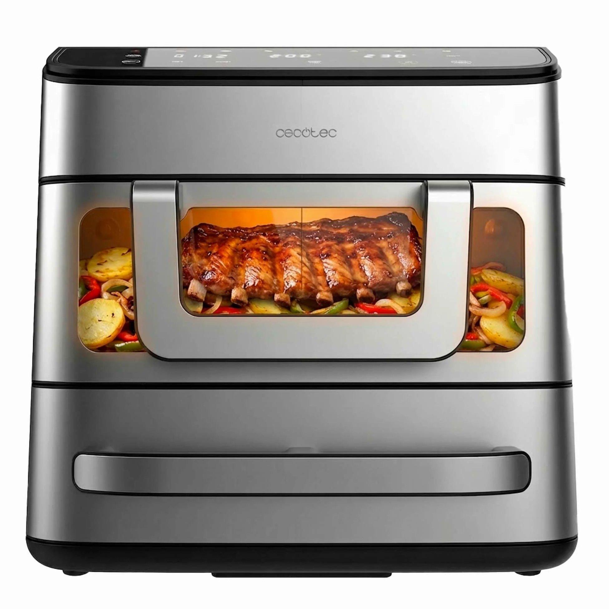 Cecotec Friggitrice ad Aria e Forno 18L Cecofry FoodCourt 18000 4Pizza+. 2700W, Forno Pizza 12" Incl. Pietra, 9L Parete Divisoria, Schermo Color, Acciaio Inox, Sincronizzazione Vaschette