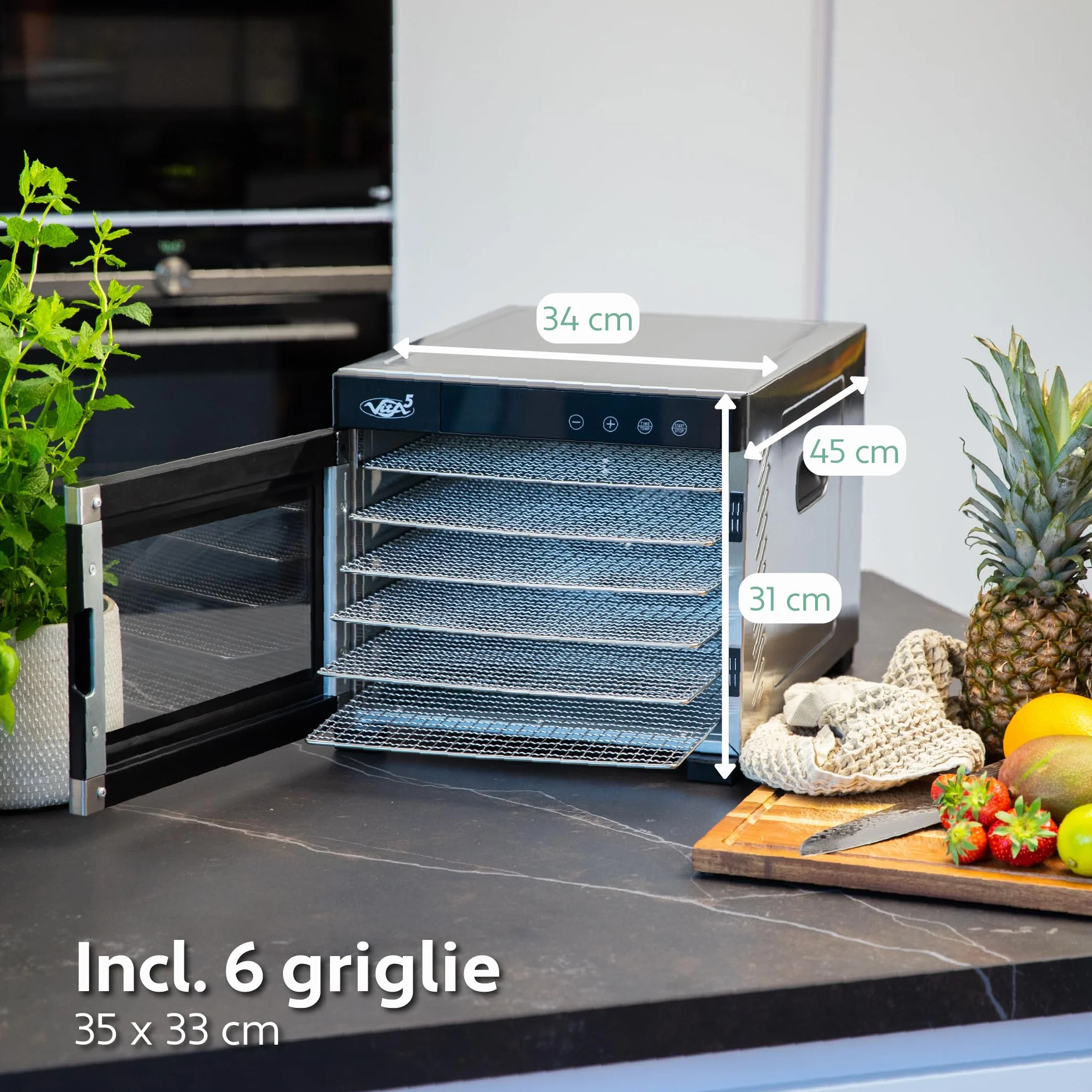 Vita5 Essiccatore Alimentare con 6 Vassoi in Acciaio Inox - Essicatore Frutta e Verdura 24 Ore Timer - Disidratatore Alimenti Temperatura Regolabile 35-75°C - 650W Essiccatore da Casa in Inox