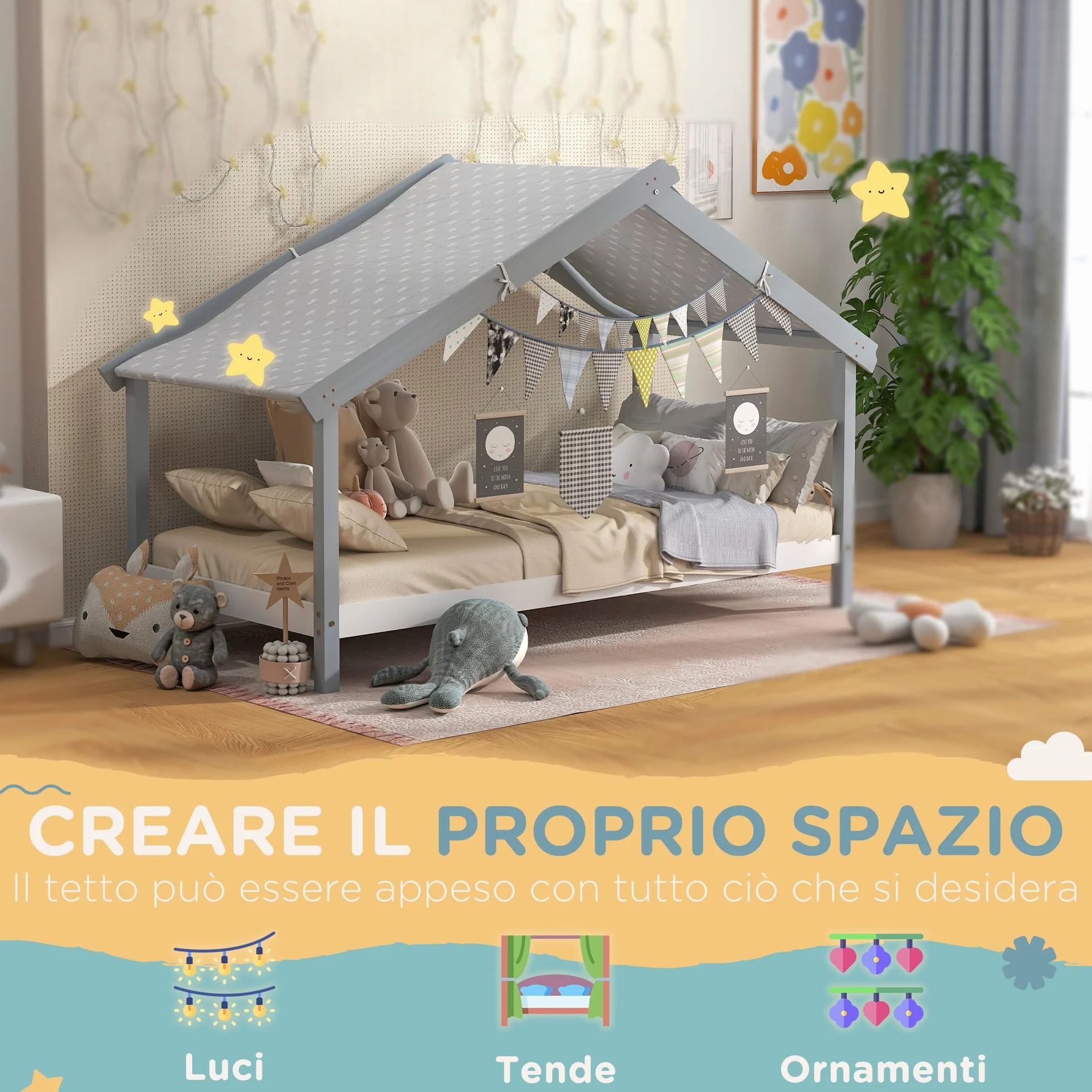 HOMCOM Letto Montessori per bambini a Casetta con Tetto Stellato, Letto per Bambini 90x190 cm per Cameretta con Struttura in Legno di Pino, 15 Doghe e Barriere di Protezione, Grigio