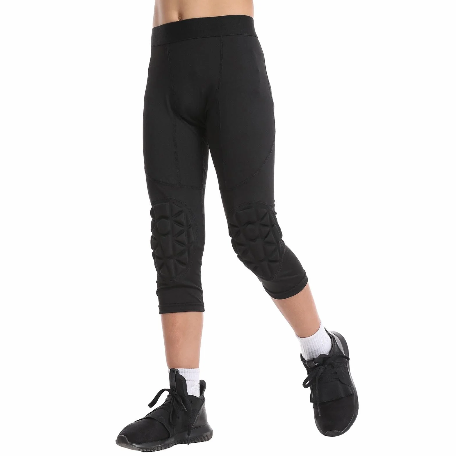 Hotfiary Ragazzi Pantaloni a Compressione con Ginocchiere per Il Basket, Bambini 3/4 Imbottiti Calcio Leggings Sport Atletico Collant, Calcio Portiere Pantaloni Fondo