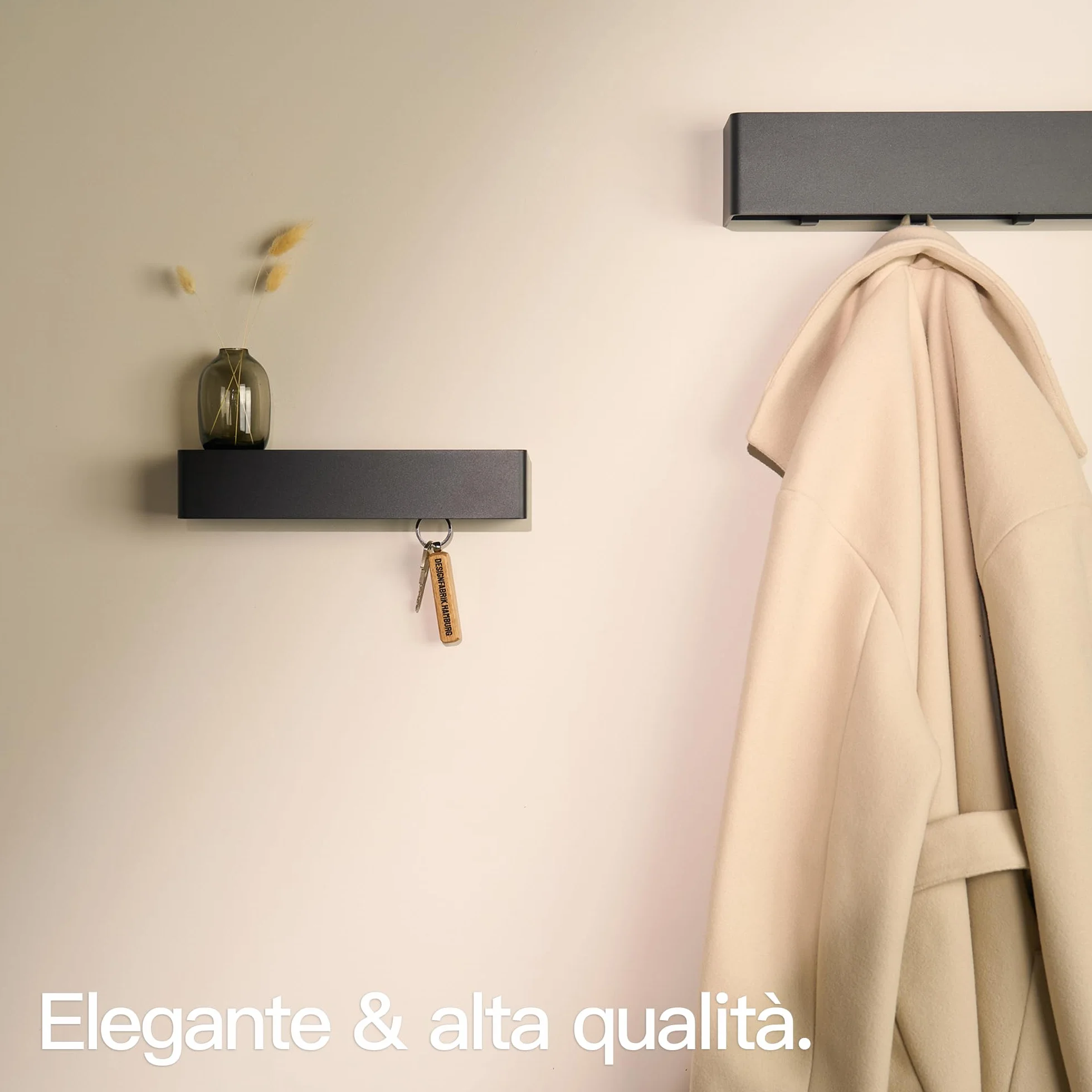 Design Amburgo Portachiavi da Parete Moderno con Ripiano | Ganci Portachiavi da Muro in Alluminio Nero Opaco