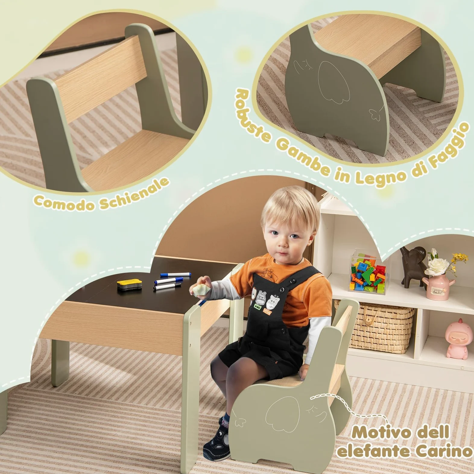 RELAX4LIFE 3 in 1 Tavolino Bambini, Set Tavolo per Bambini e 2 Sedie in Legno, Tavolino Legno con Piano a Doppia Faccia (Lavagna Bianco/Nero) per Giocare, Disegnare e Conservare, per Cameretta (Verde)