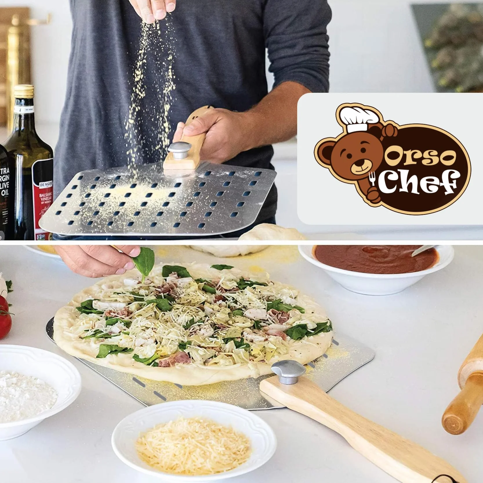 Antech Pizza Officina Pala per Pizza Forata in Alluminio Leggero con Manico Richiudibile – 4 kg – Foratura Professionale