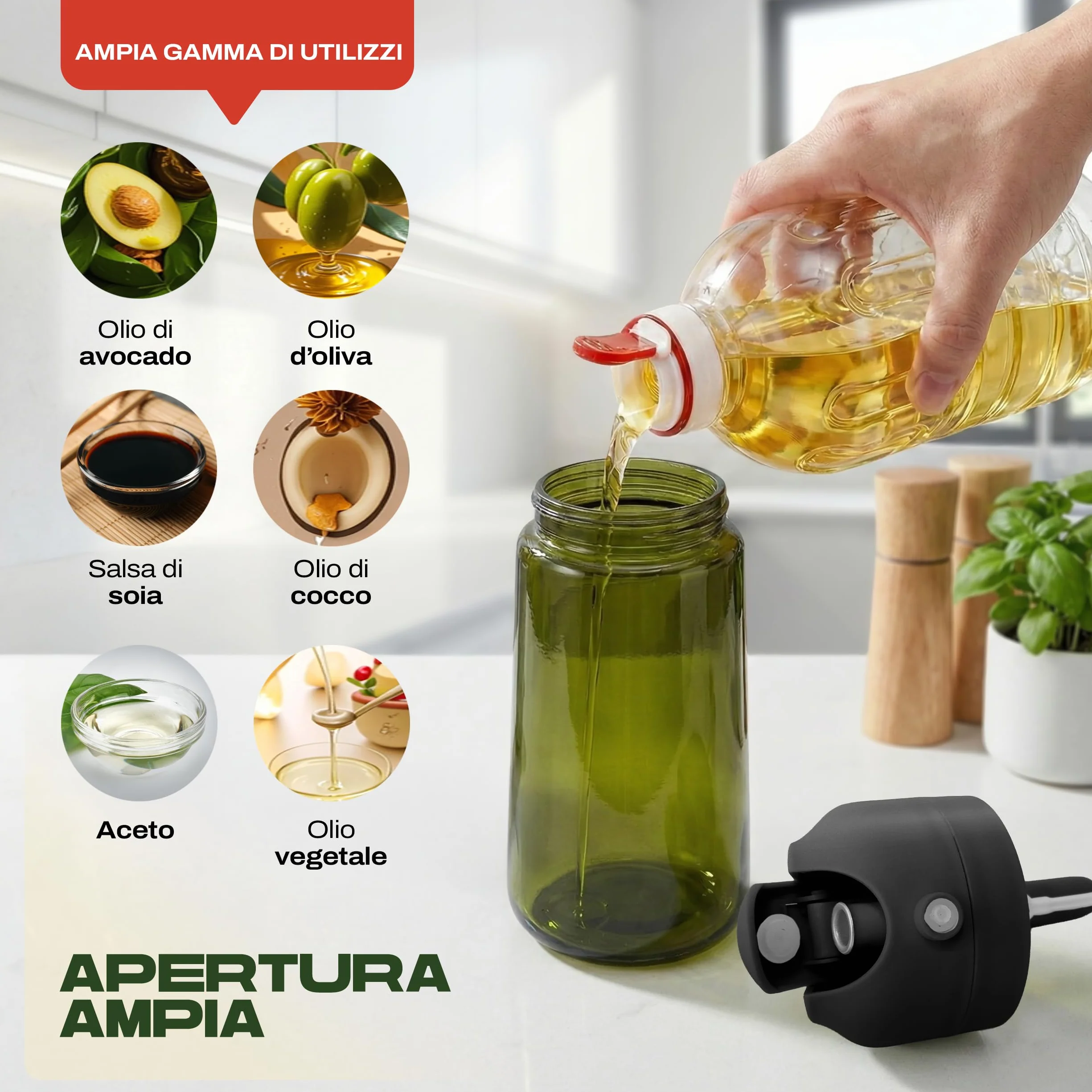 PORTENTUM Spruzzino olio per friggitrice aria 470 ml 2 in 1 spray e versamento – Oliera spray vetro verde protezione dalla luce – Nebulizzatore insalate e grigliate