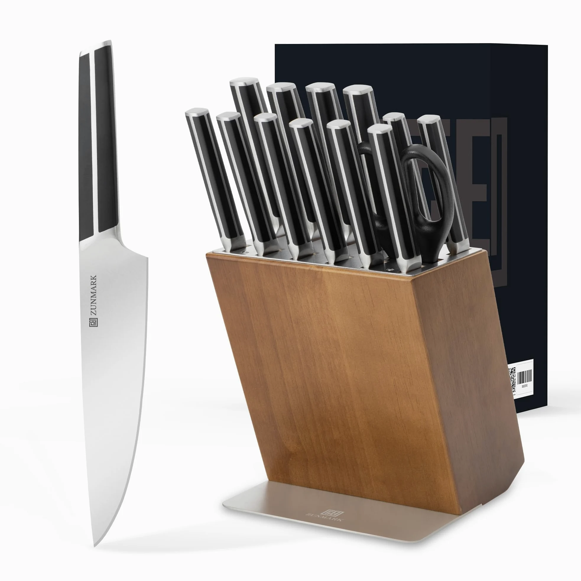 Set Coltelli da Cucina, 14 PZ con Portacoltelli, Acciaio Tedesco X50CrMoV15 Alto Carbonio, Design Salva-Spazio per Cucine Domestiche e Professionali, Nero