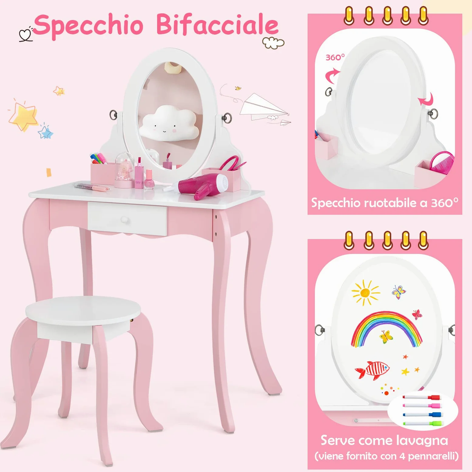 RELAX4LIFE 2 in 1 Toeletta Trucco per Bambini, Set Tavolo da Trucco per bambini, Specchio e Sgabello, Set di Vanità per Bambini da 3 a 7 anni