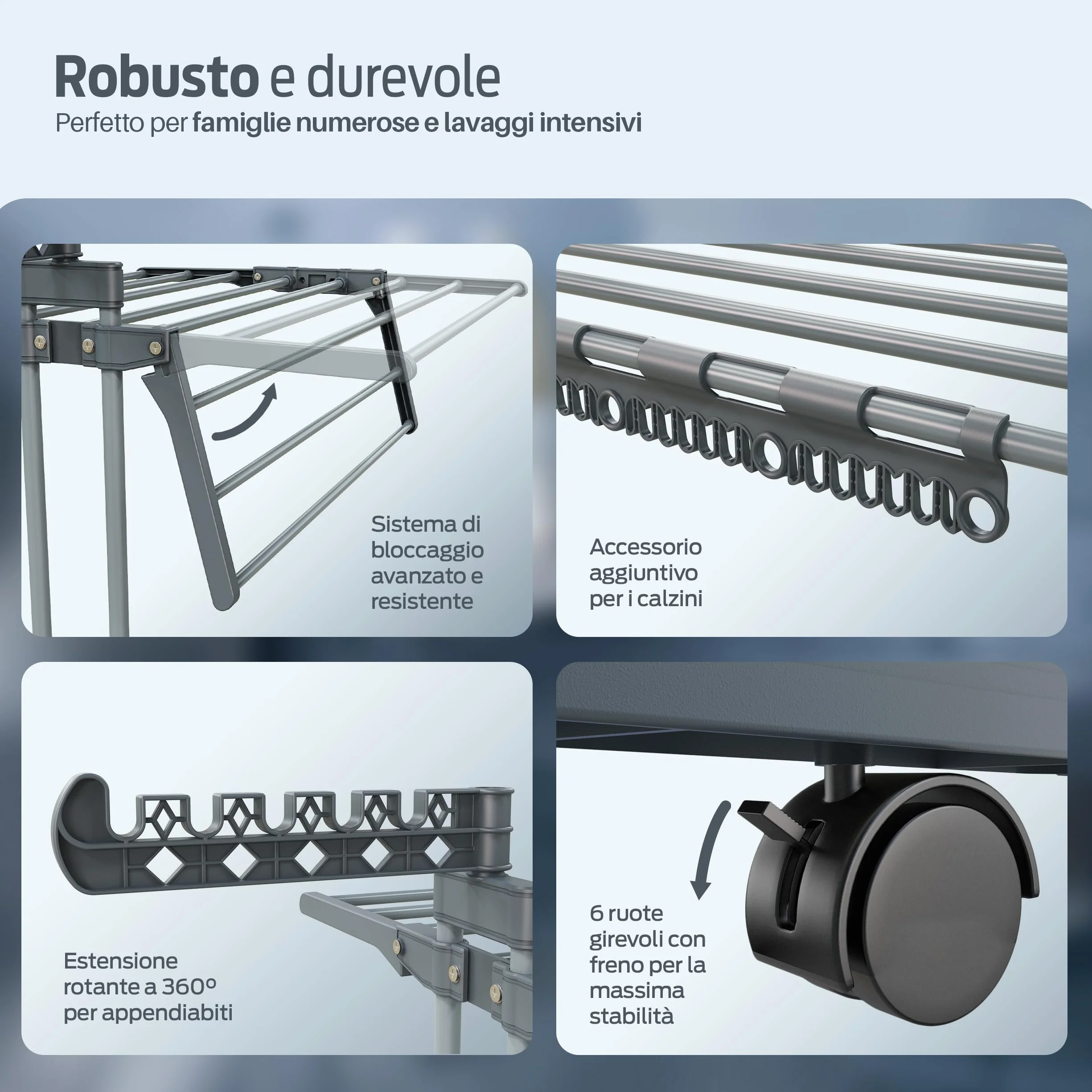 PORTENTUM Stendino verticale salvaspazio pieghevole con 4 livelli e 24 barre di stenditura – Fino a 40 kg – Stendibiancheria con 2 accessori per calzini e 2 ali laterali – Ruote girevoli con freno