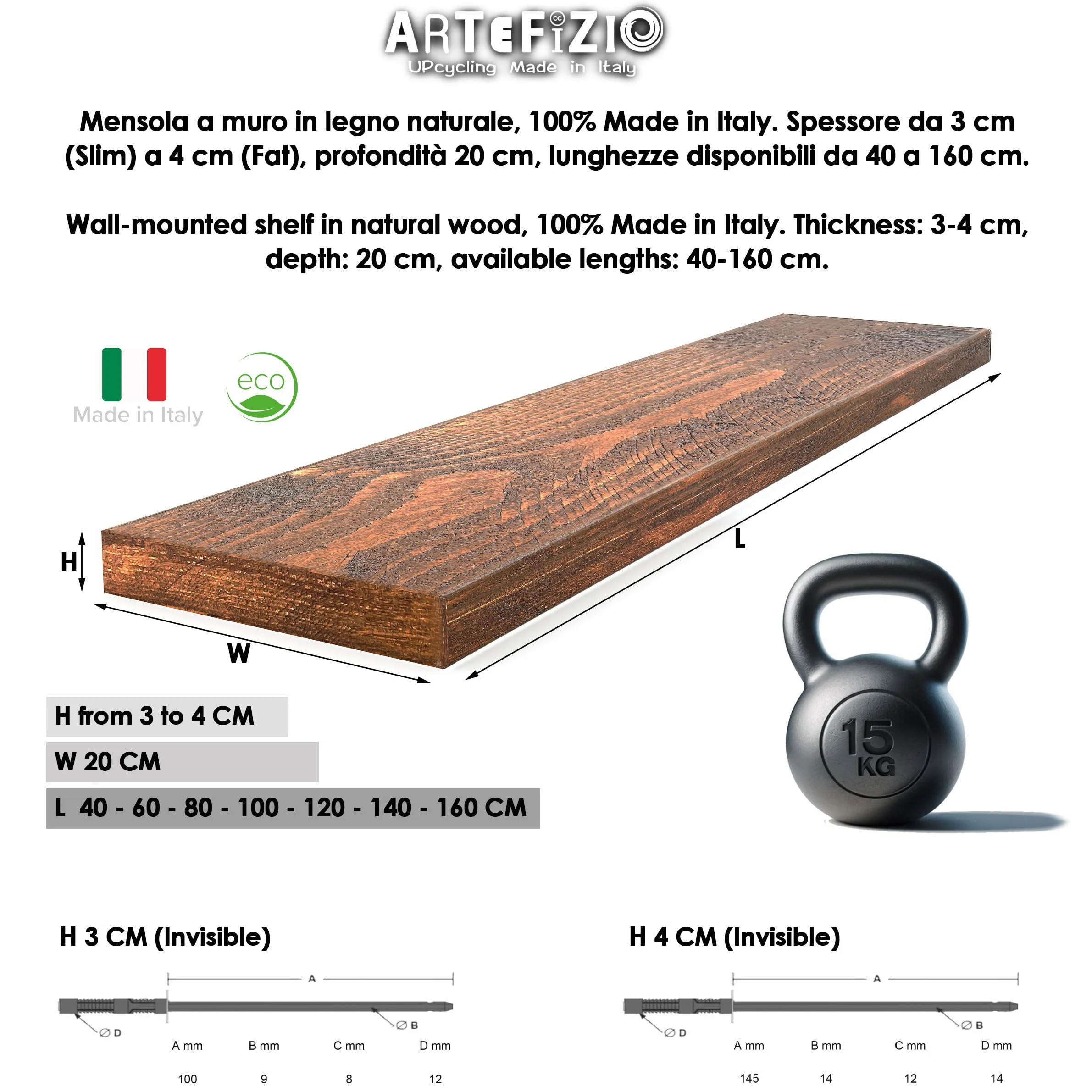 Mensola in Legno Massello Sospesa a Parete, Ripiano Artigianale, 7 Colori, Varie Dimensioni, Arredamento Bagno, Cucina, Camera da Letto, Ufficio, Made in Italy (Fat, White, W20xH4xL100 cm)