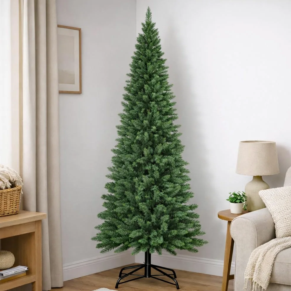 BAKAJI Albero di Natale Slim Molto Folto Ecologico e Ignifugo con Base a Croce in Ferro Pieghevole, Decorazione Natalizia Salvaspazio Foltissima con Rami Realistici (Verde Pino dei Sogni, 210 cm)