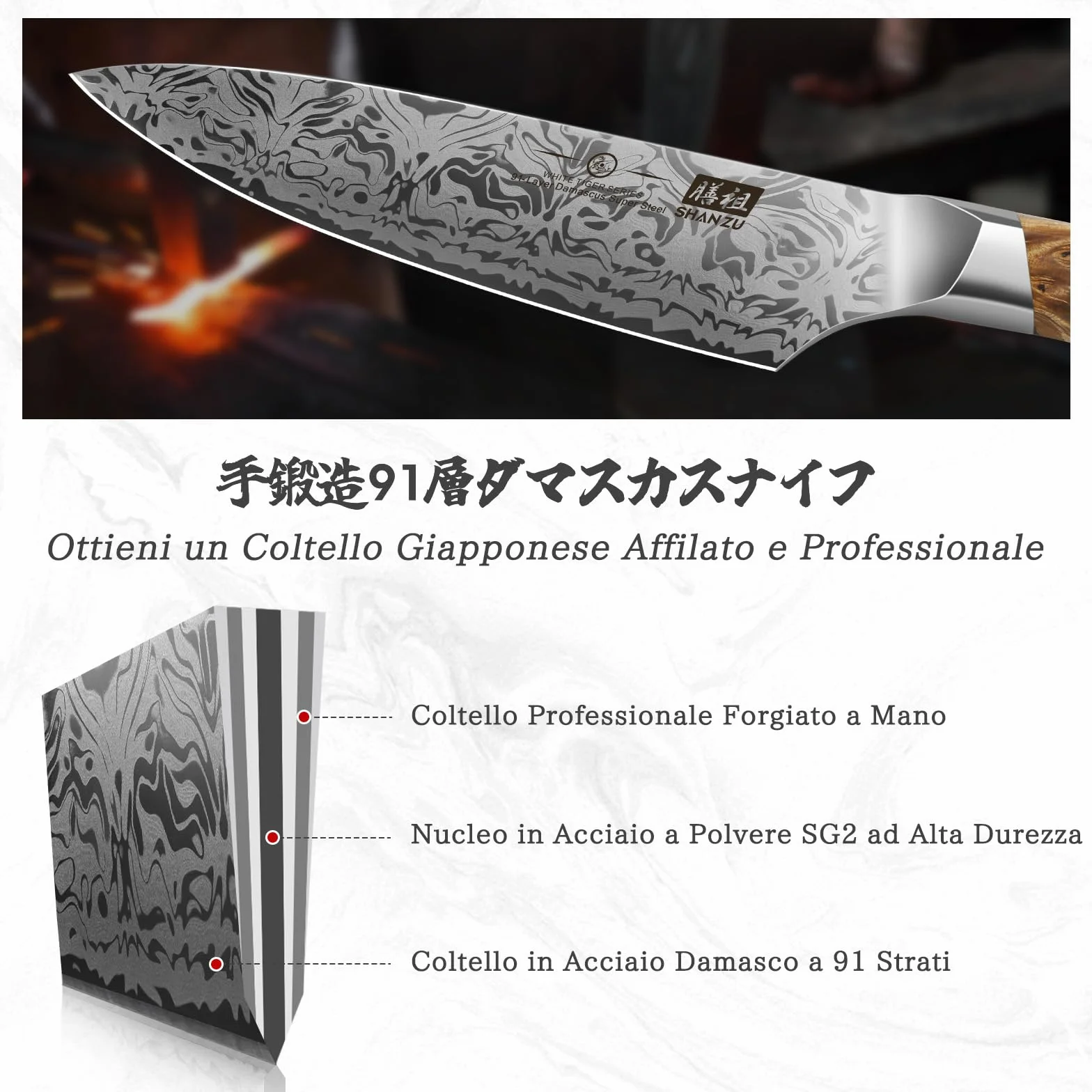 Coltelli da Cucina SHAN ZU Damasco 91 Strati, Coltello da Chef Giapponese in Acciaio SG2 20 cm, Forgiato a Mano con Manico in Acero