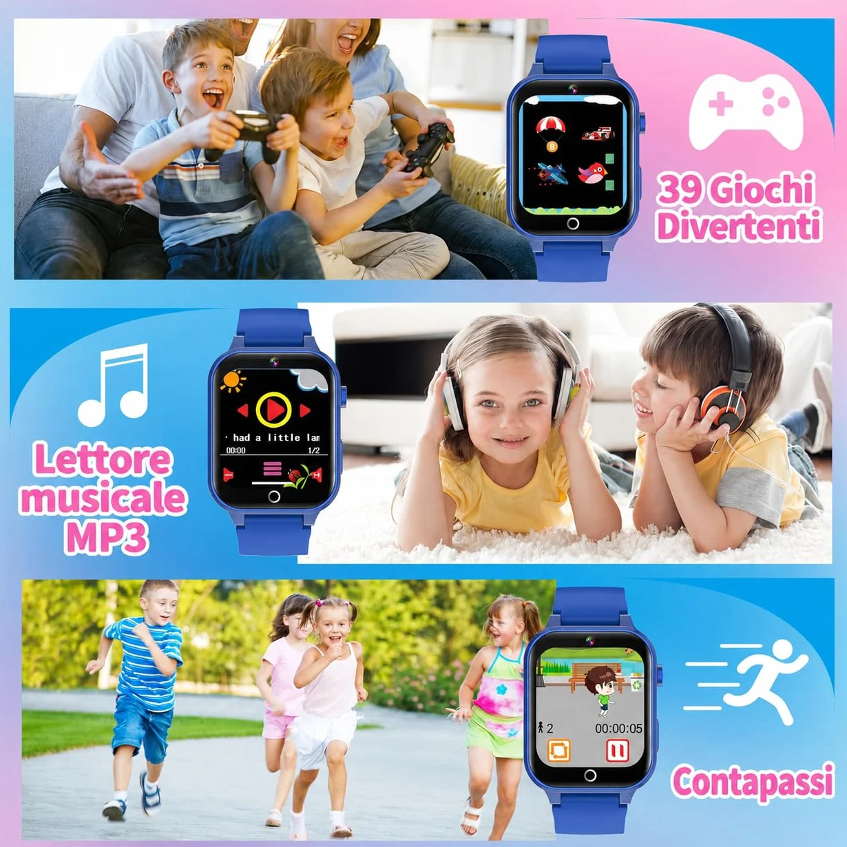 Smartwatch Bambini 39 Giochi Contapassi Fotocamera Torcia Sveglia Educativo Regalo Scheda SD Integrata