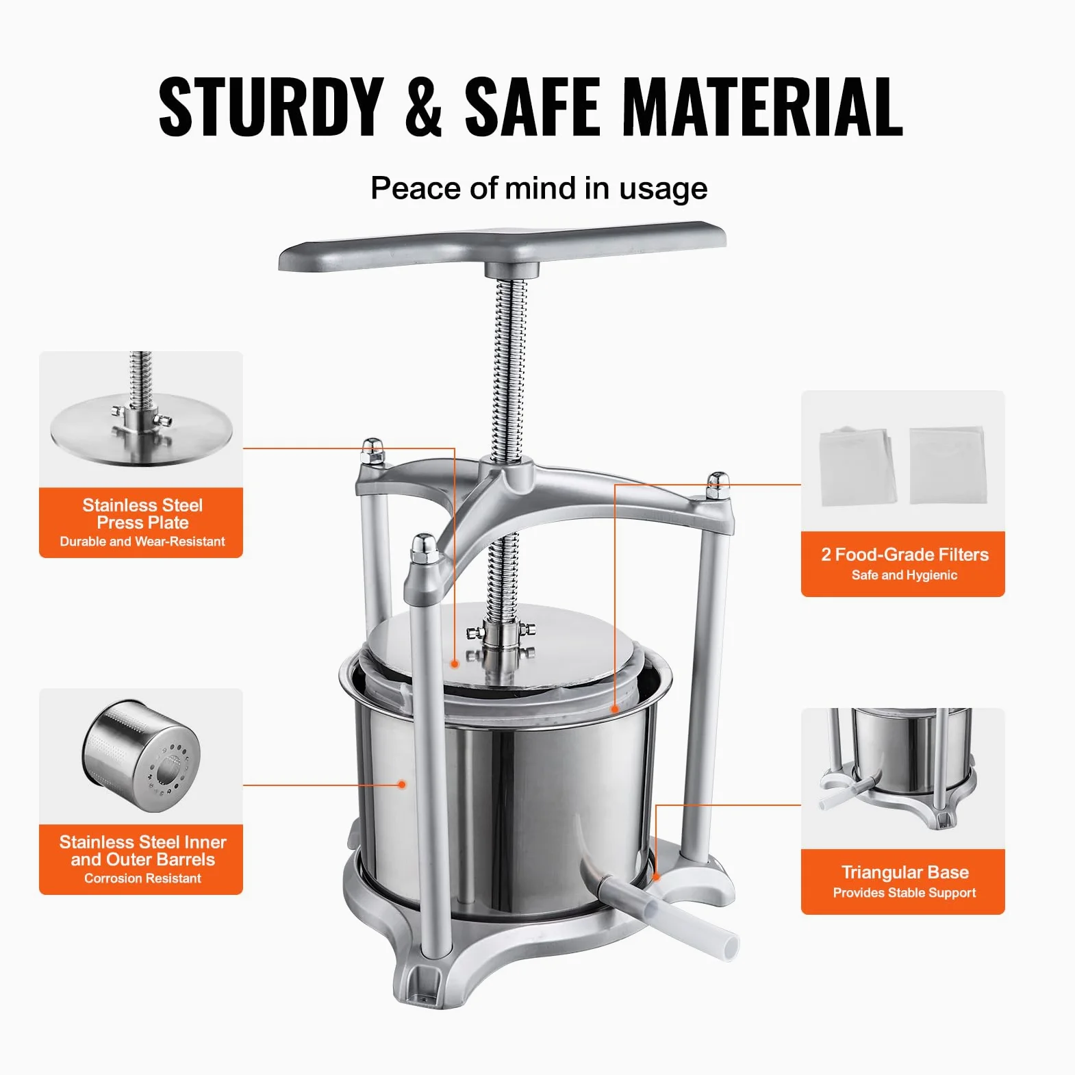 VEVOR Spremiagrumi per vino frutta, 5,5 l, 2 fusti in acciaio inox, macchina per succo manuale, sidro, mela, uva, verdure, miele, olio d'oliva con manico a T, struttura triangolare per cucina