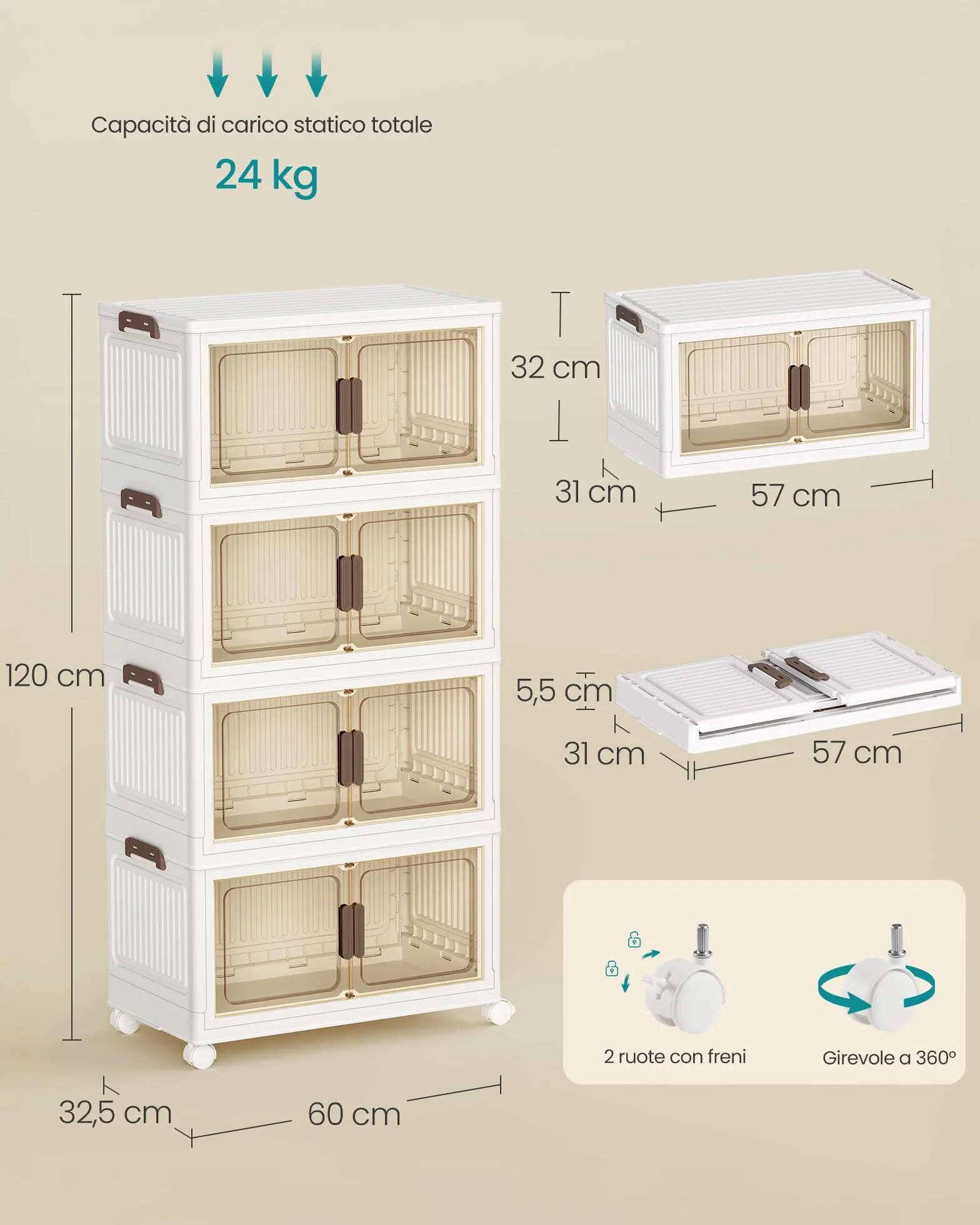 SONGMICS Contenitori 4 Livelli 55 L Organizer Armadio con Coperchio Scatole Plastica Impilabili con Ruote Sportello Magnetico Bianco