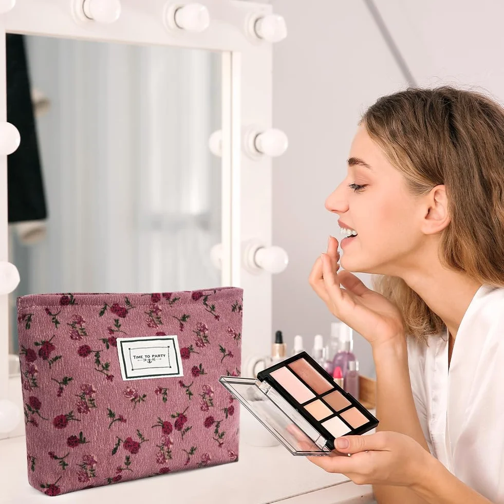 Aucuu Beauty Case da Viaggio 2 in 1 Borsa Cosmetici Donna Floreale Velluto a Coste