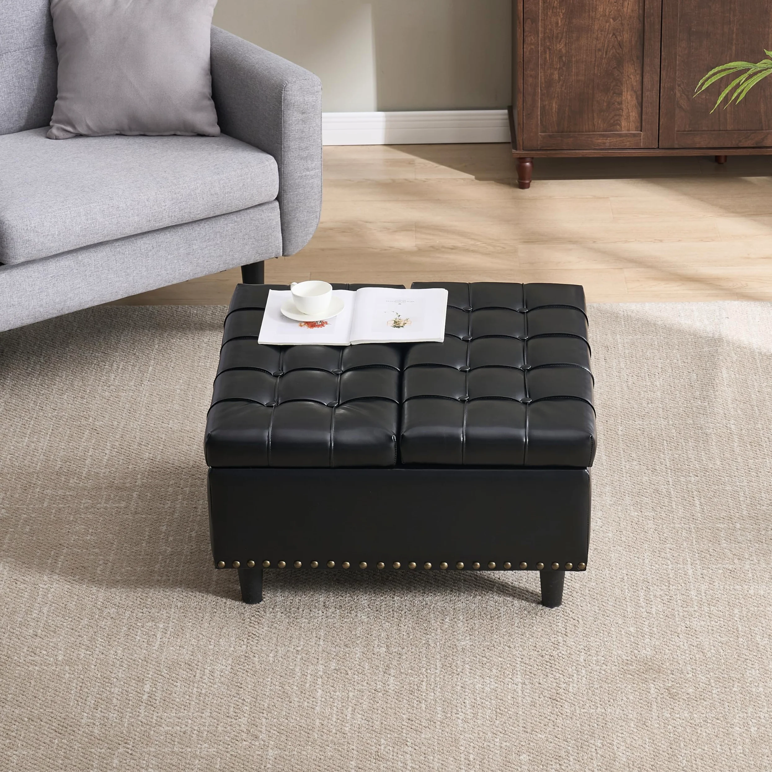 Sedia grande con vano portaoggetti quadrata, scatola imbottita, adatta per soggiorno, camera da letto, studio (nero PU)