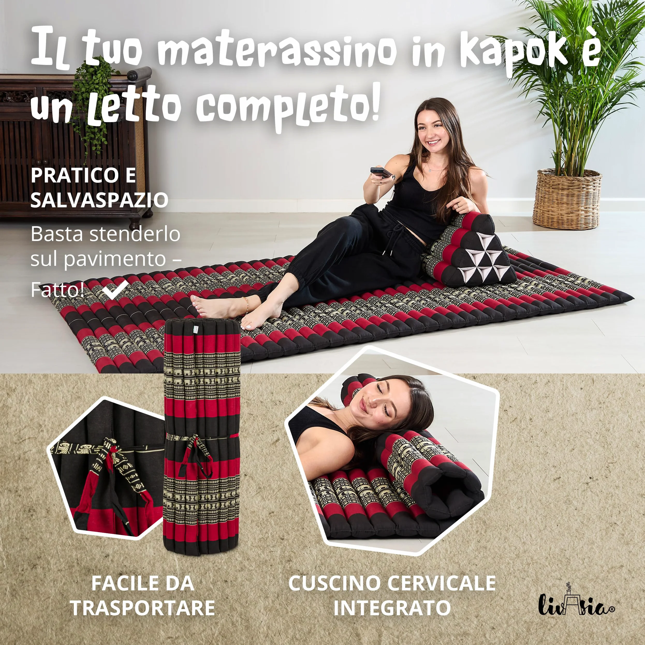 livasia tappetino materasso arrotolabile L largo - 200x110x4,5cm - letto materasso per ospiti 1 persona, lettino da viaggio, tappetino thai kapok giardino balcone fatto a mano