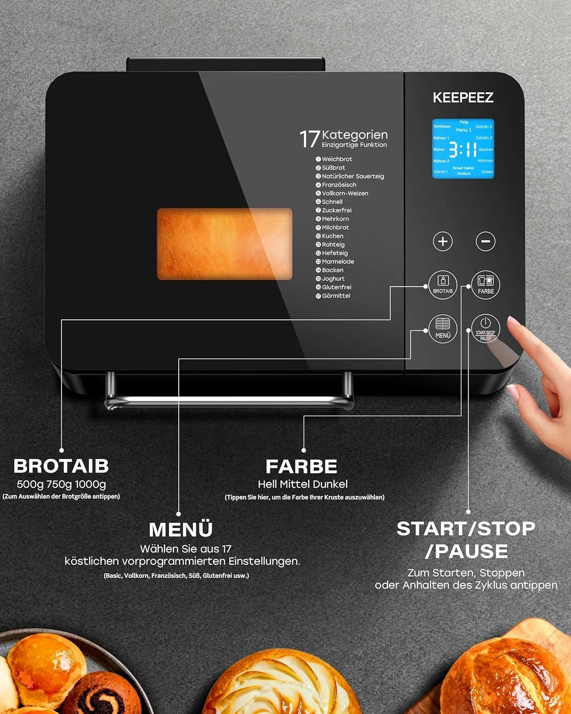 Macchina per il pane 17 in 1 – Due elementi riscaldanti, 710 W, in acciaio inox, senza glutine, impasto, marmellate, programmi di yogurt, dispenser per noci, stampo in ceramica e touch screen