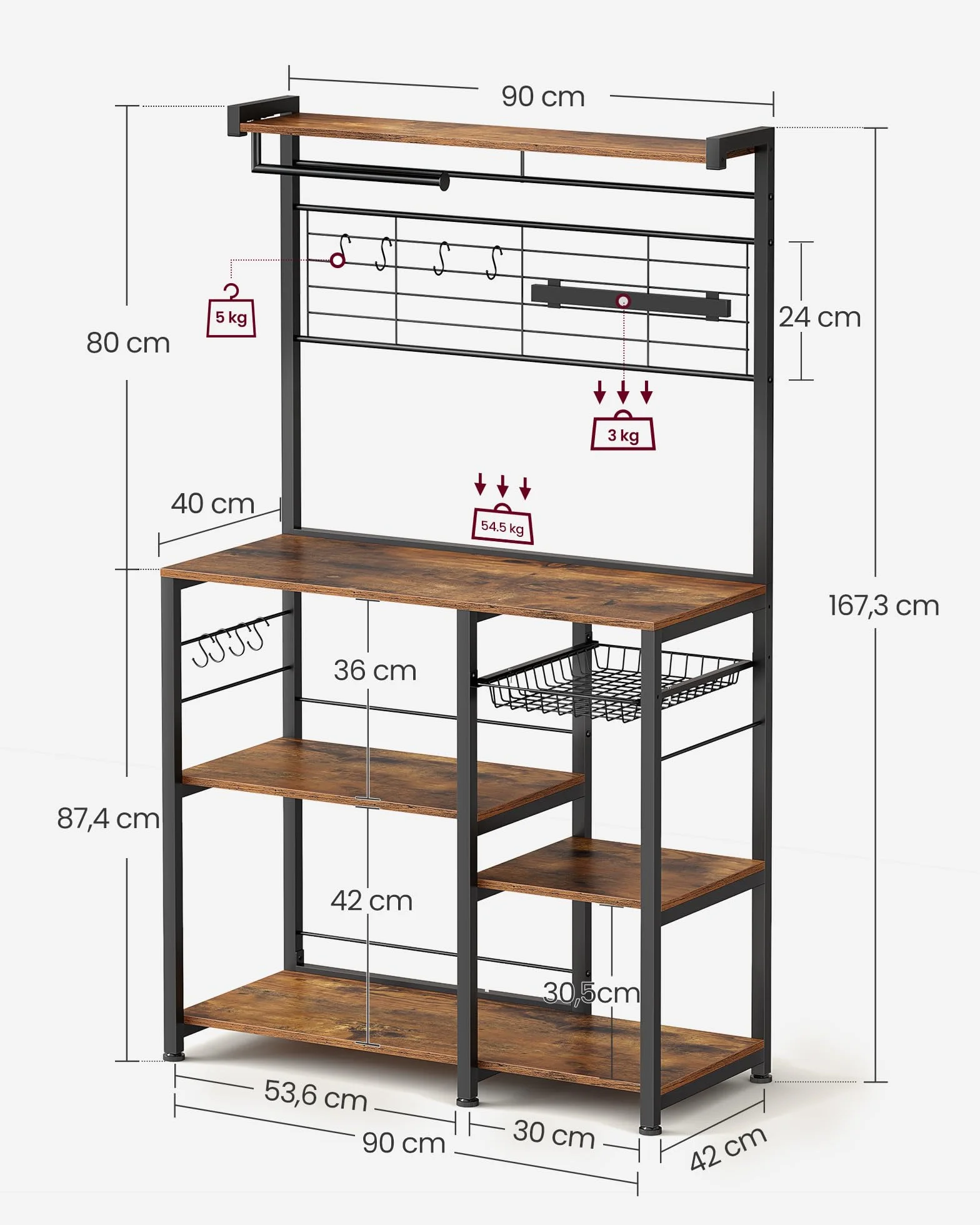 VASAGLE Scaffale Cucina, Scaffale per Microonde, Mobile Cucina con Portacoltelli Magnetico, Cestino, Portarotolo, 12 Ganci, Marrone Vintage e Nero KKS026B01
