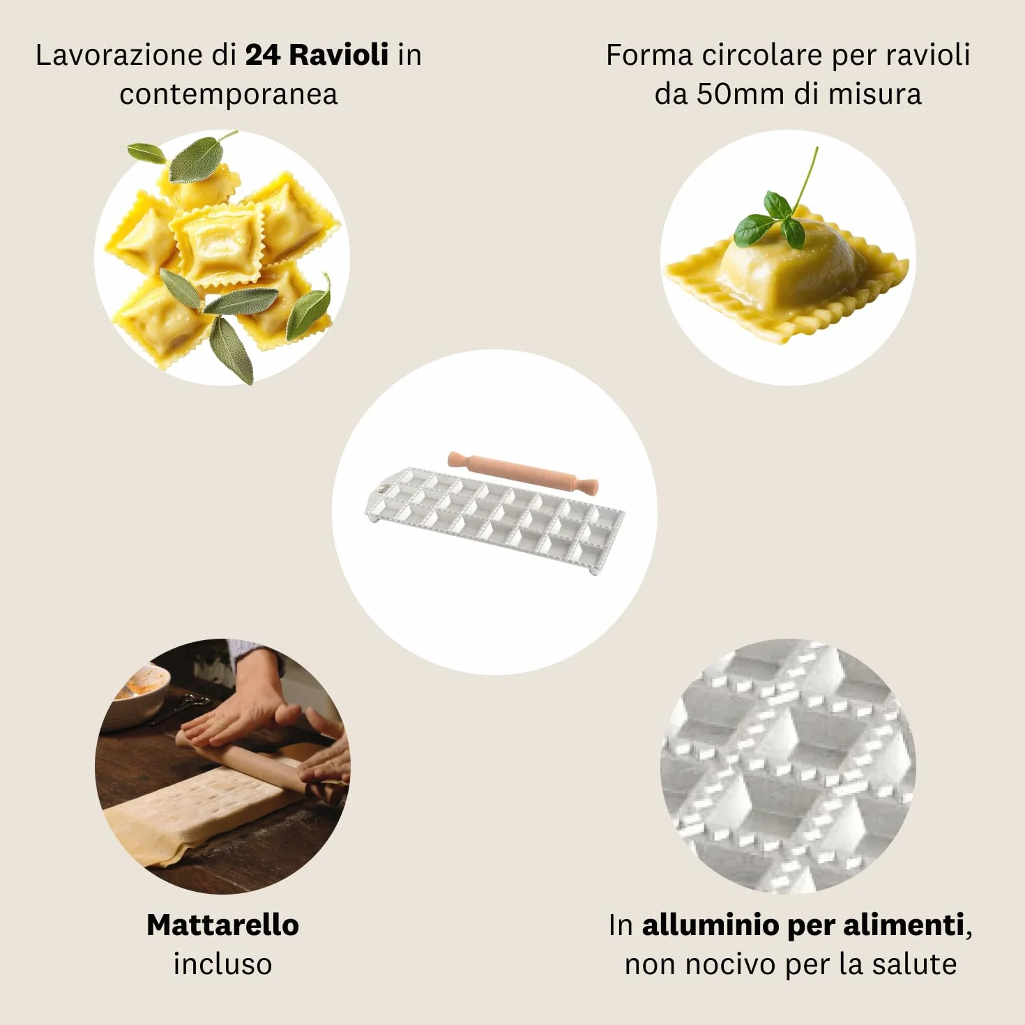 Marcato Stampo per Ravioli, Forme per Ravioli, Alluminio, Mattarello in Legno Incluso, RA-Q50X24-CLS