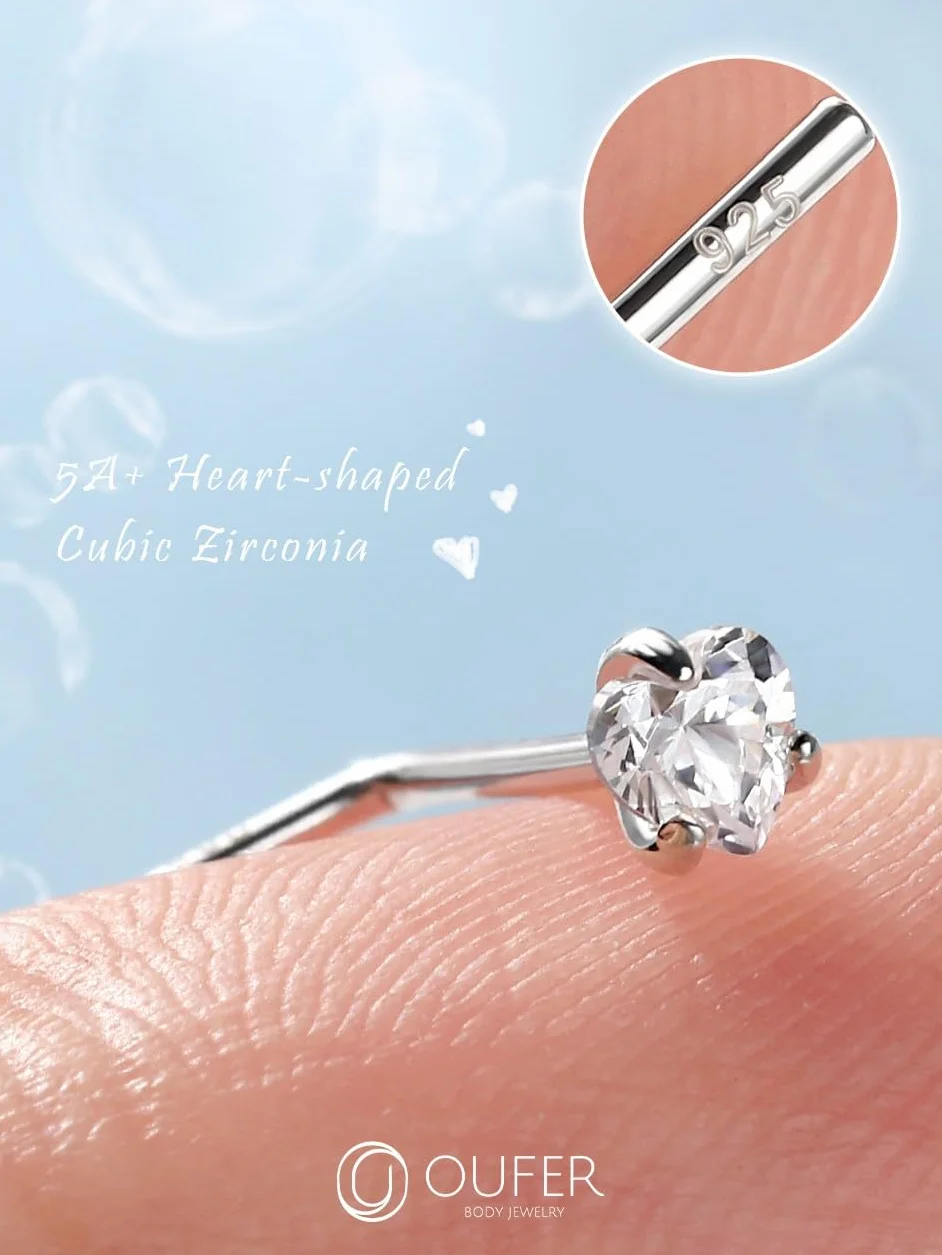 OUFER 925 Sterling Silver Nose Stud Screw 20G Nostril Solid 3 mm Heart Star CZ Body Piercings Jewellery