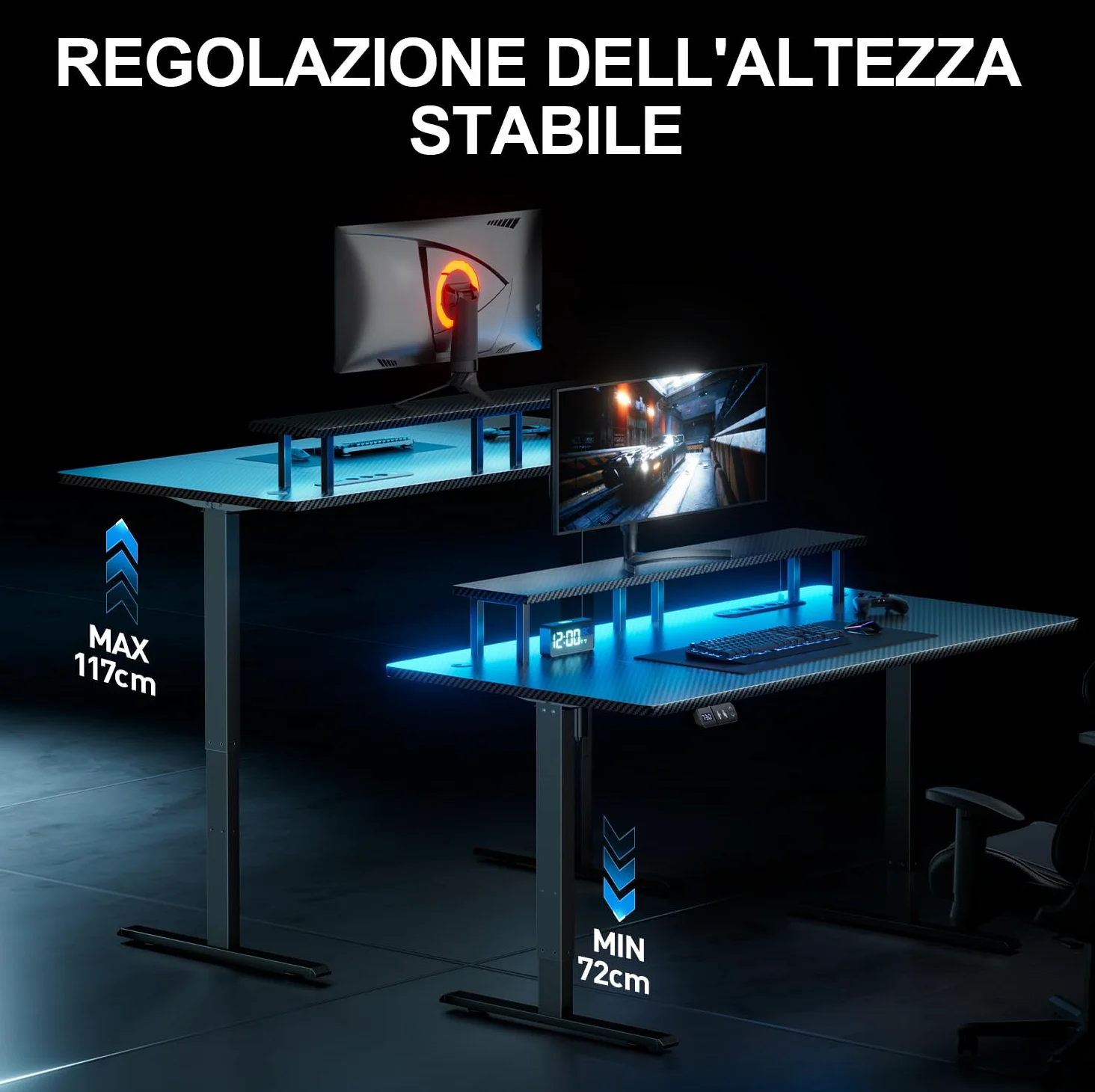 HLFURNIEU Scrivania Gaming LED 140 x 60 cm, Scrivania Regolabile in Altezza con Prese & Porte USB, Tavolo Gaming con Supporto per Monitor, 2 Controlli Memoria, Postazione Gaming Nero