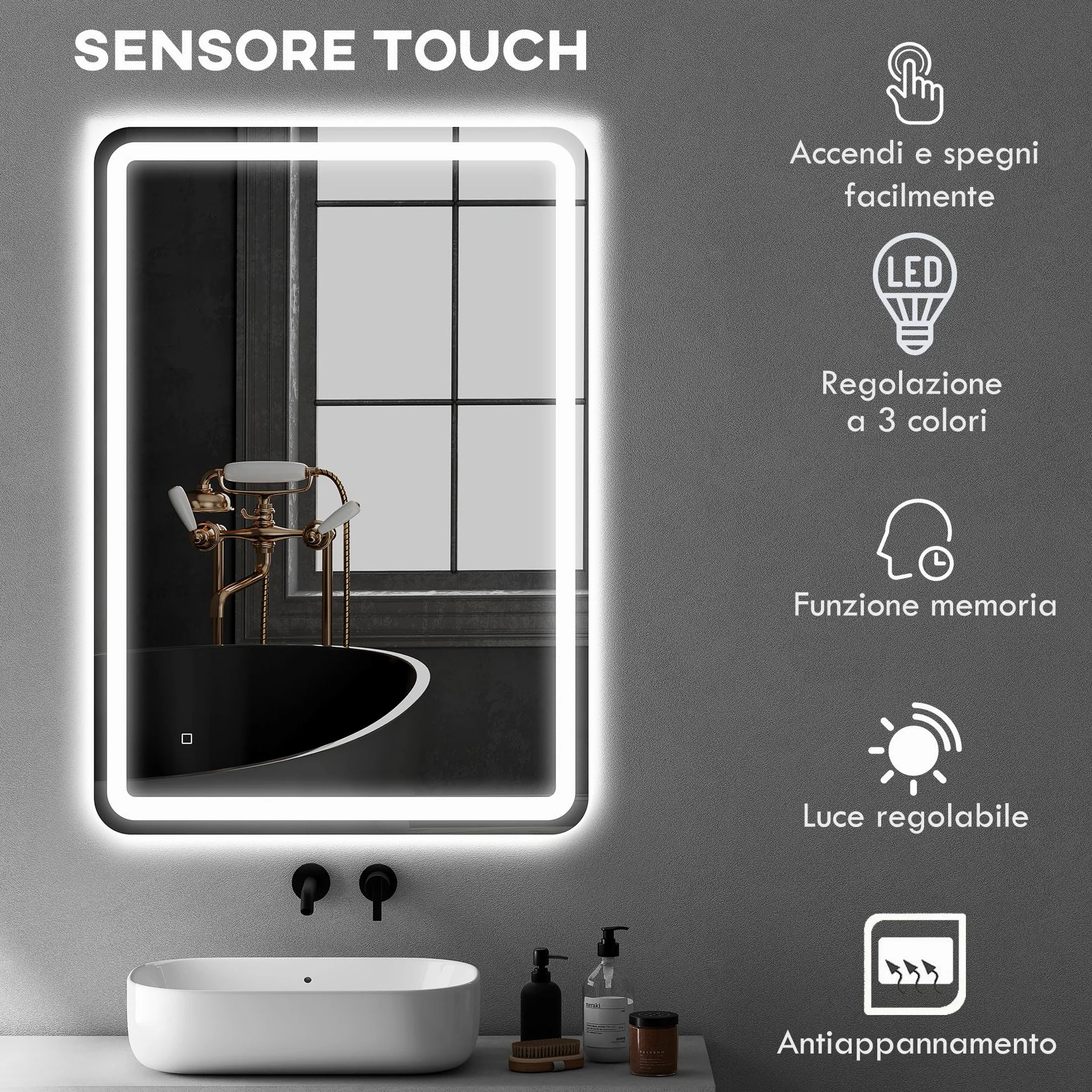 HOMCOM Specchio Bagno con Luce LED 70x100cm, Specchio da Parete con 3 Colori Dimmerabile, Funzione Memoria, Antiappannamento, Interruttori Touch, in Vetro Temperato, IP44, Orizzontale/Verticale