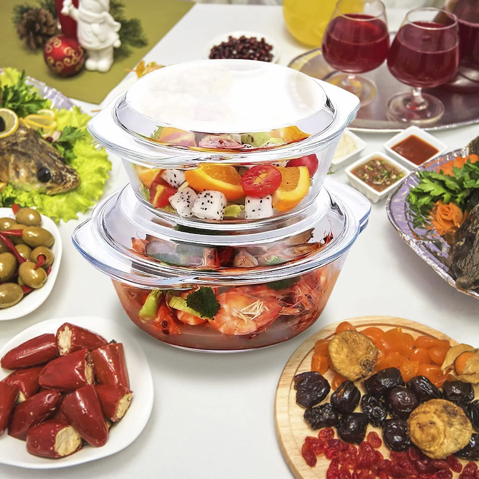 Set di 6 Pezzi Casseruola Tonda in Vetro Con Coperchio, 1L+1.5L+1.8L Temperato Teglia da Forno per Forno, Congelatore e Lavabile in Lavastoviglie