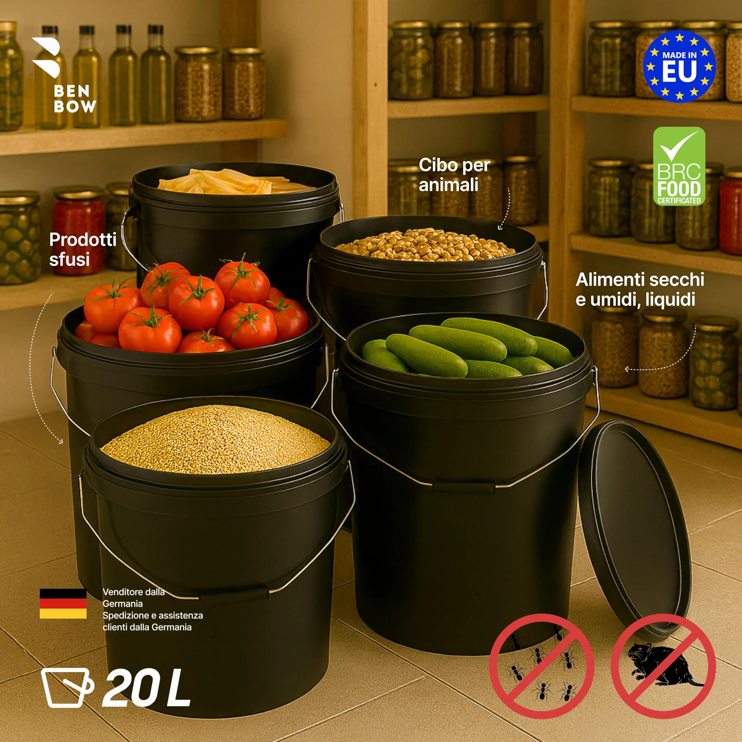 BenBow Secchio con coperchio 20l nero 1x 20 litri - sicuro per gli alimenti, stabile, ermetico, a prova di perdite - contenitore per la conservazione in plastica, con manico in metallo - vuoto
