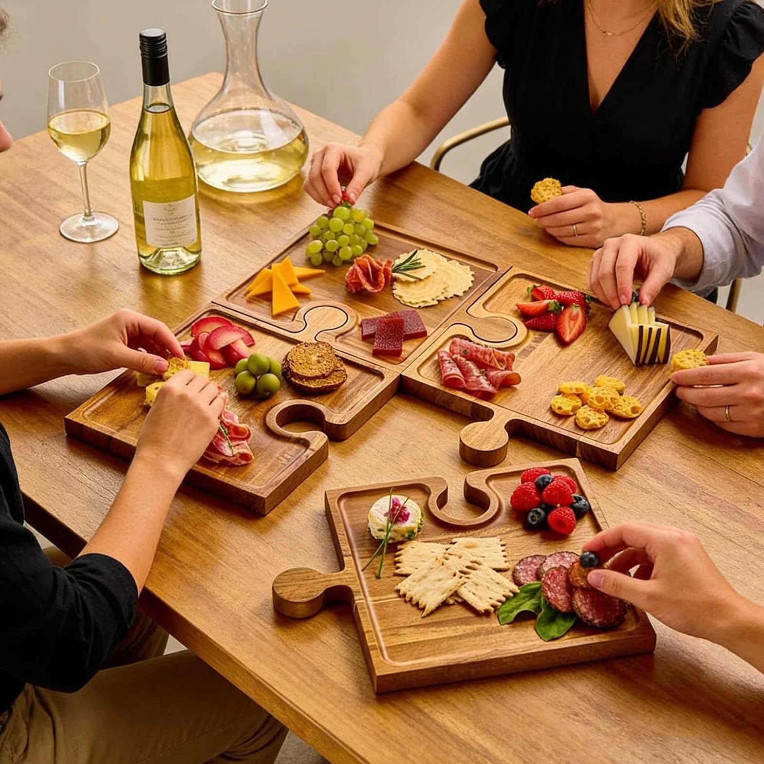 Charcuterie Board - 4-Piece Interlocking Wooden Serving Platter, Multi-Function Food Presentation Set with Sturdy Bamboo Construction, Ideal for Family Hostess Kitchen Party Wedding Holiday Apartment