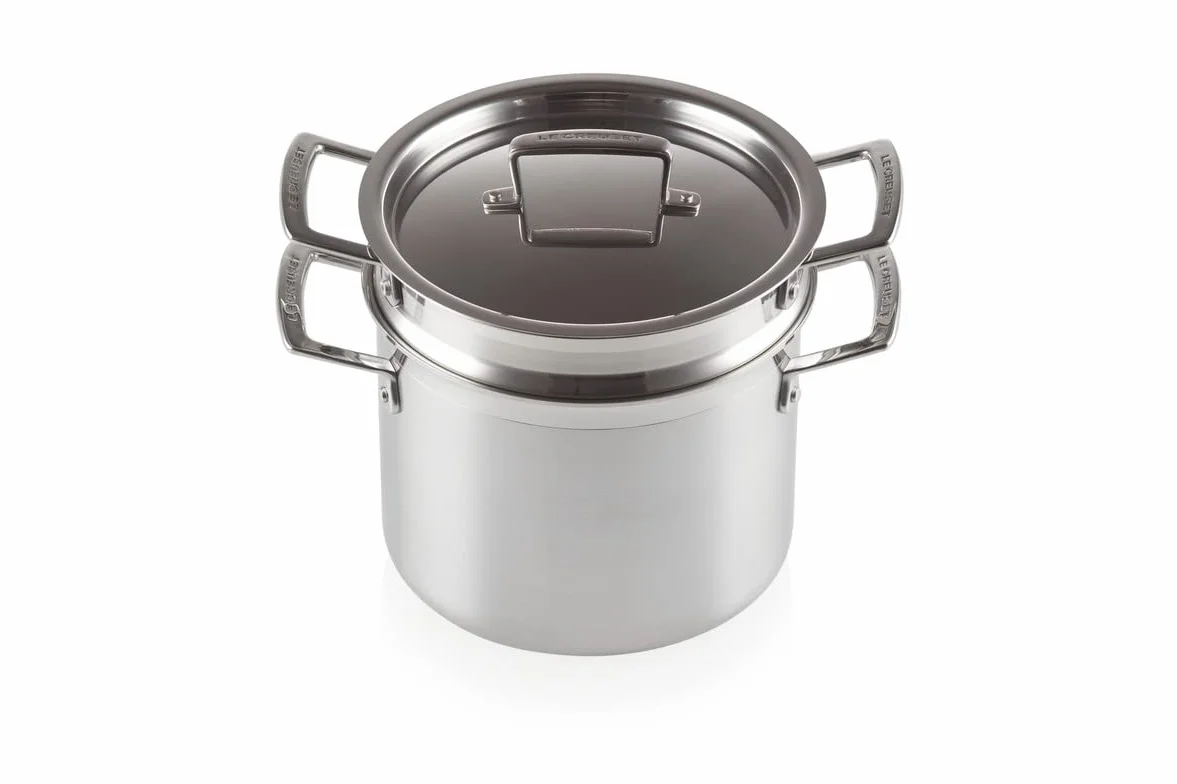 LE CREUSET Casseruola Alta Classic con Coperchio e scolapasta in Acciaio Inox, Diameter 20 cm, Volume 6.0L, Compatibile con Tutte Le Fonti di Calore (Induzione Inclusa), 96200520001000