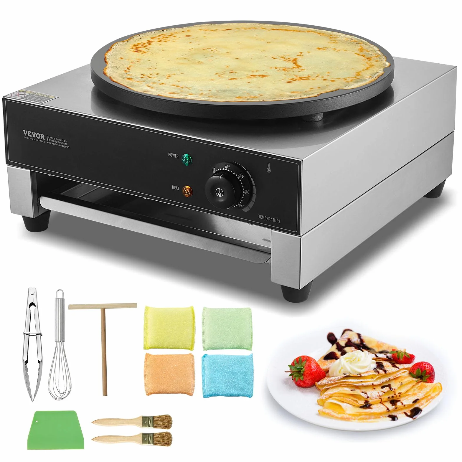 VEVOR Crepiera Elettrica Macchina per Crepes Commerciale 406 mm Piastra Piana 1700 W Acciaio Inox Antiaderente
