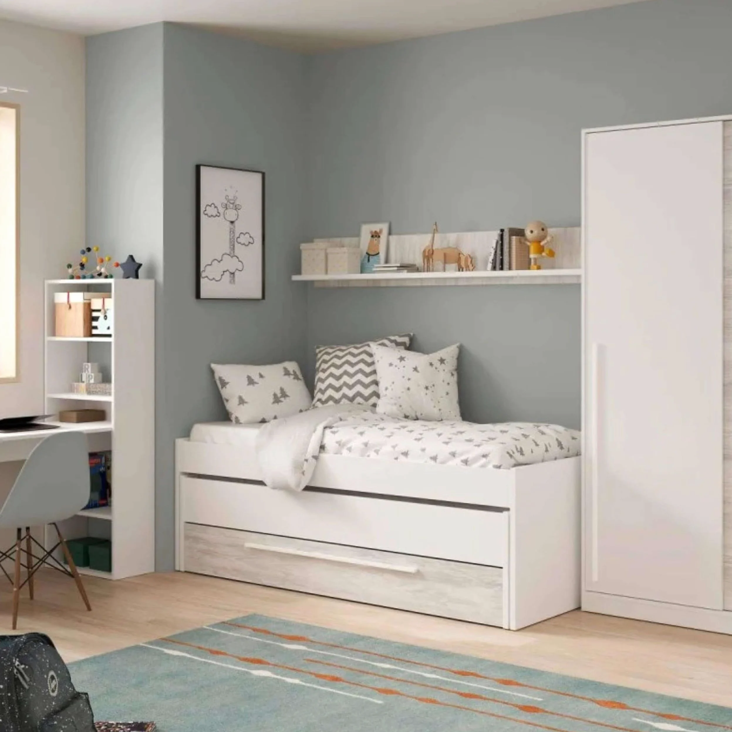 Dmora - Letto per bambini Sunnyvale, Struttura letto per cameretta, Letto singolo con lettino estraibile, cassettone e mensola, 199x96h65 cm, Bianco