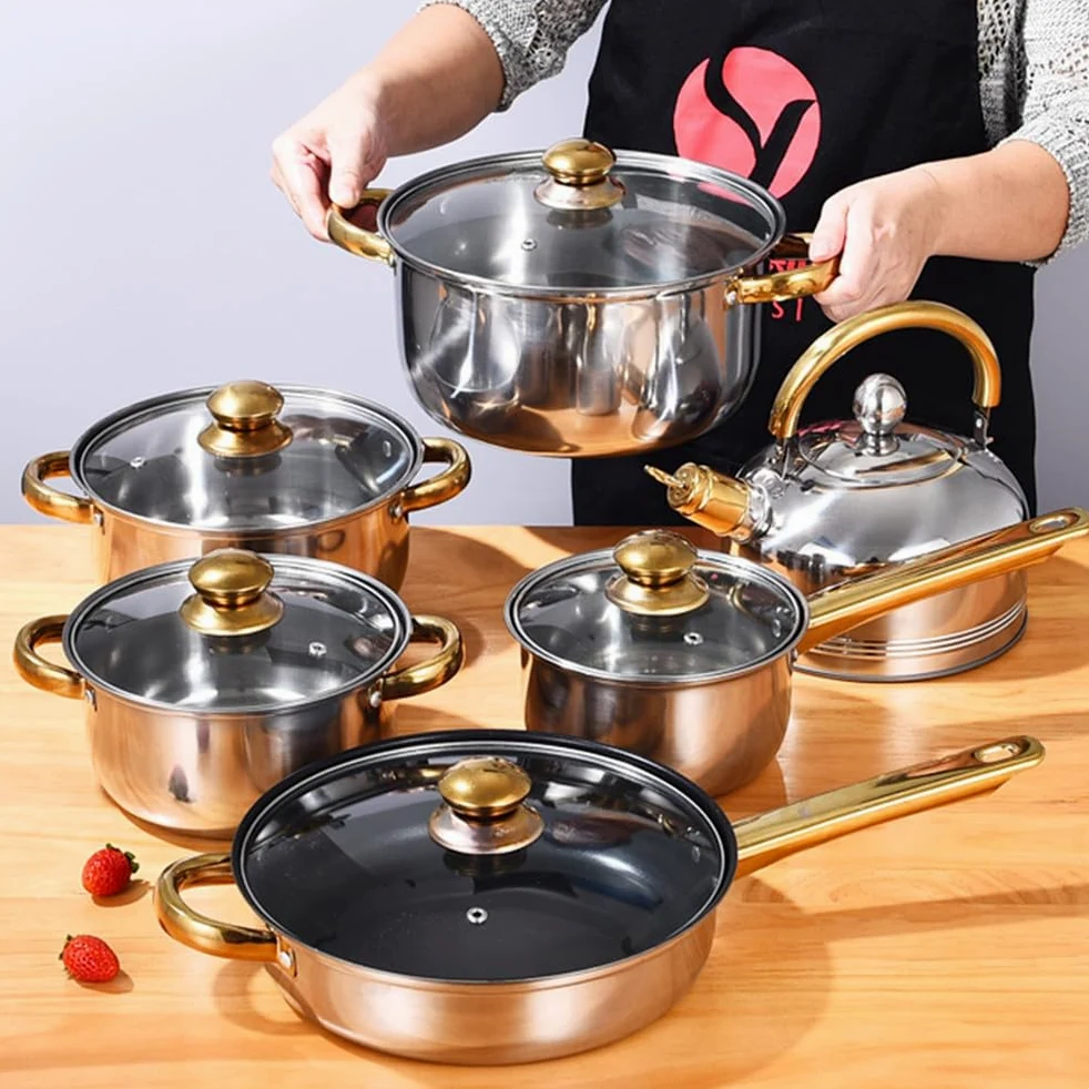 Set di Pentole in Acciaio Inossidabile da 12 Pezzi, 6 Tipi di Pentole da Cucina, Padella, Pentola per Zuppa, Pentola per Latte, Bollitore, Set di Pentole, Bollitore B, 12(Kettle B-12 pc)