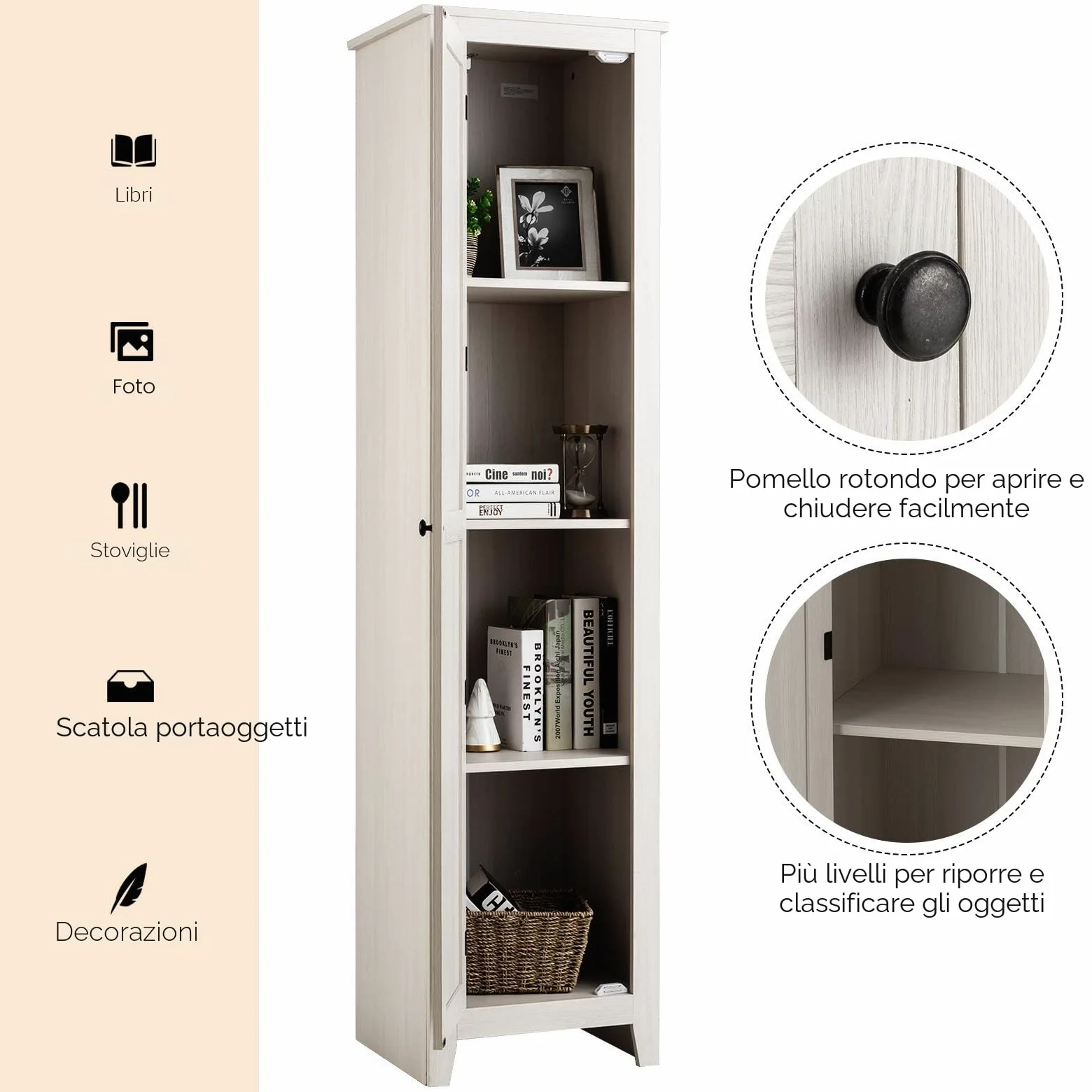 GIANTEX Armadietto alto da 183 cm, armadio stretto per bagno con 1 porta e 4 ripiani, armadio per la conservazione per cucina, soggiorno e bagno, armadio da cucina indipendente (Bianco)