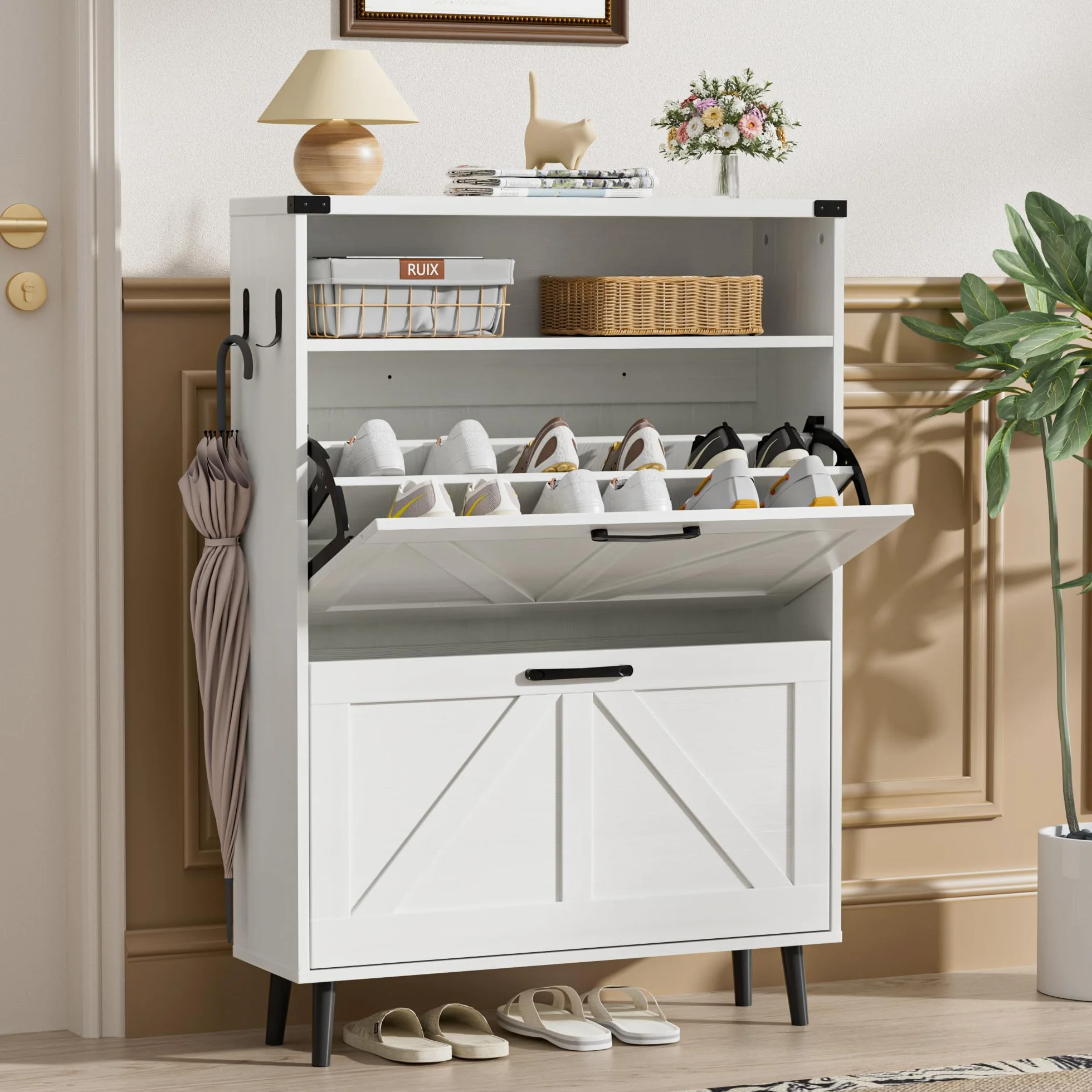 BonVache Scarpiera stretta 2 ante ribaltabile 4 ripiani mobile per scarpe legno 80x24x113,5 cm bianco