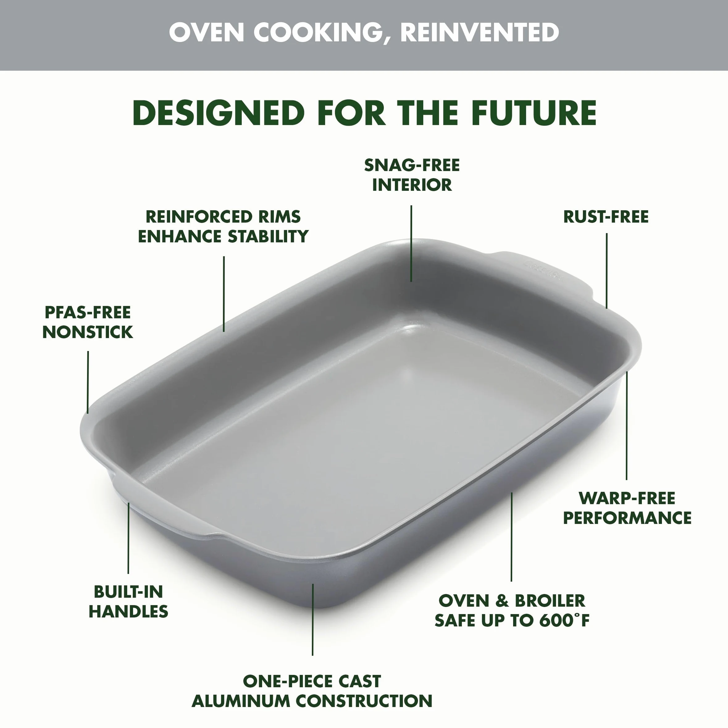 Greenpan Premiere Ovenware Healthy Ceramic antiaderente 33 x 22,9 cm, rettangolare in alluminio pressofuso, senza PFAS, grigio
