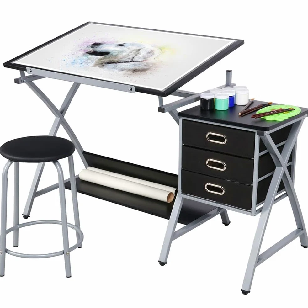 Yaheetech Tavolo da Disegno in Acciaio Inclinabile con 3 cassetti Tavolo da Pittura da Studio Regolabile in Altezza con Sedia Scrivania per Scrivere Leggere Studiare per Artistici Architetti Nero
